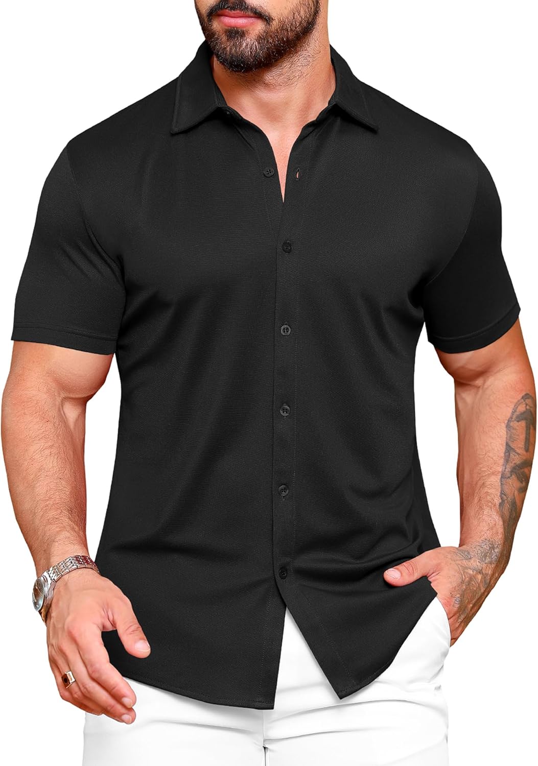 URRU Men's Muscle Dress Shirts Slim Fit Stretch Wrinkle Free Short Sleeve Casual Button Down Shirts Large Black