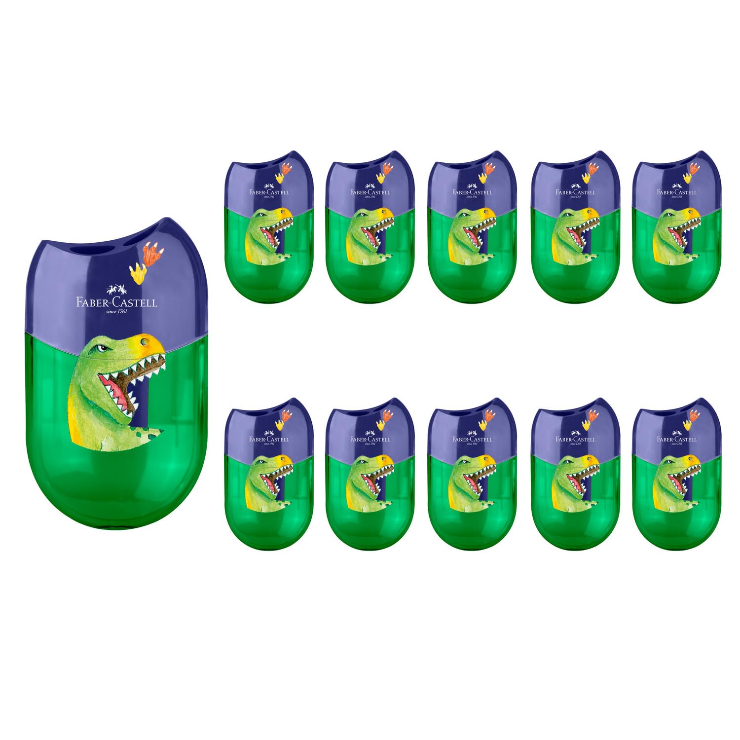 Faber-Castell 205247 - Temperino doppio Dino, 10 temperini con contenitore per matite spesse e sottili