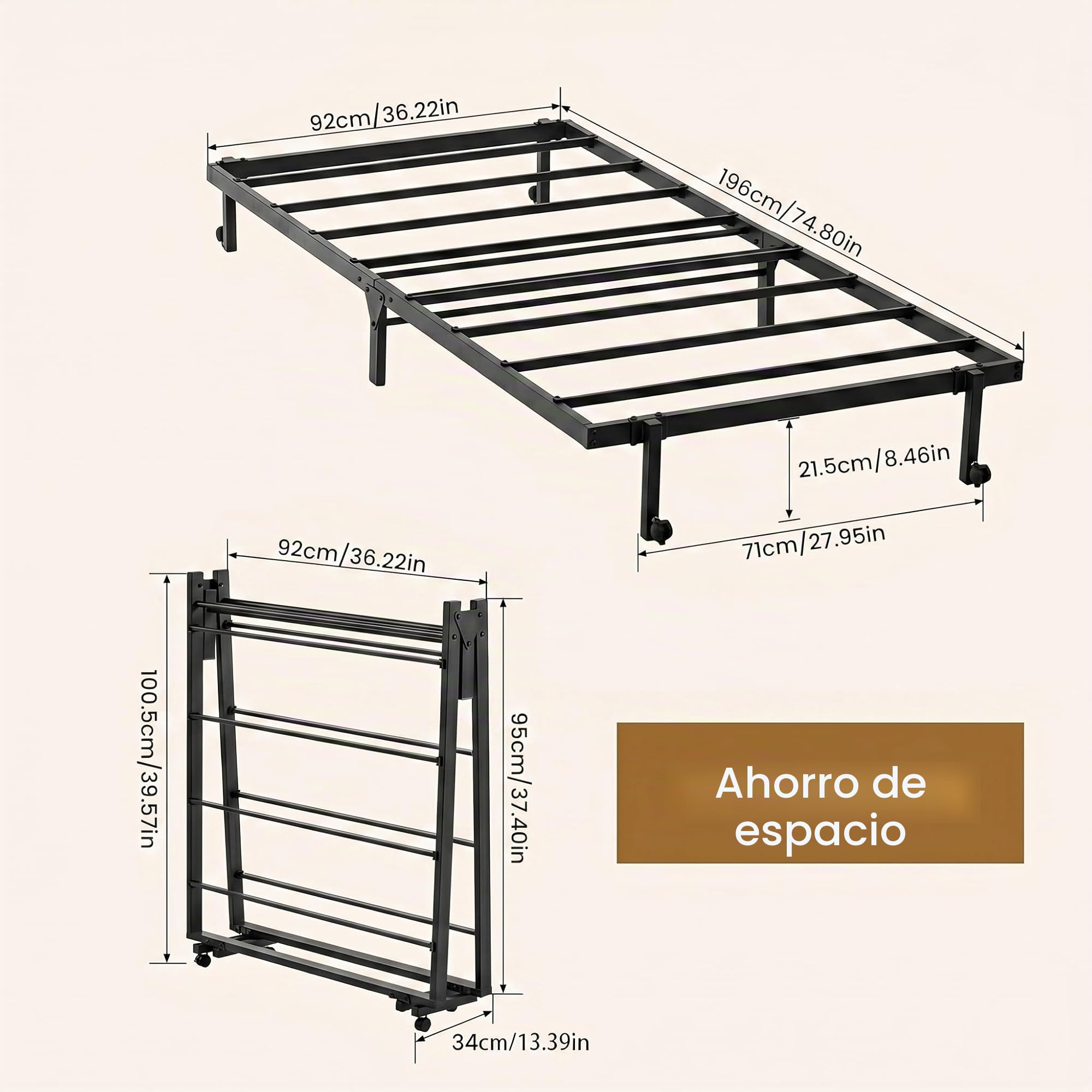 Cama Plegable para 1 Persona de Metal, Marco de Cama Individual, 90 x 190 cm, Marco de Cama Plegable con 4 Ruedas, Negro