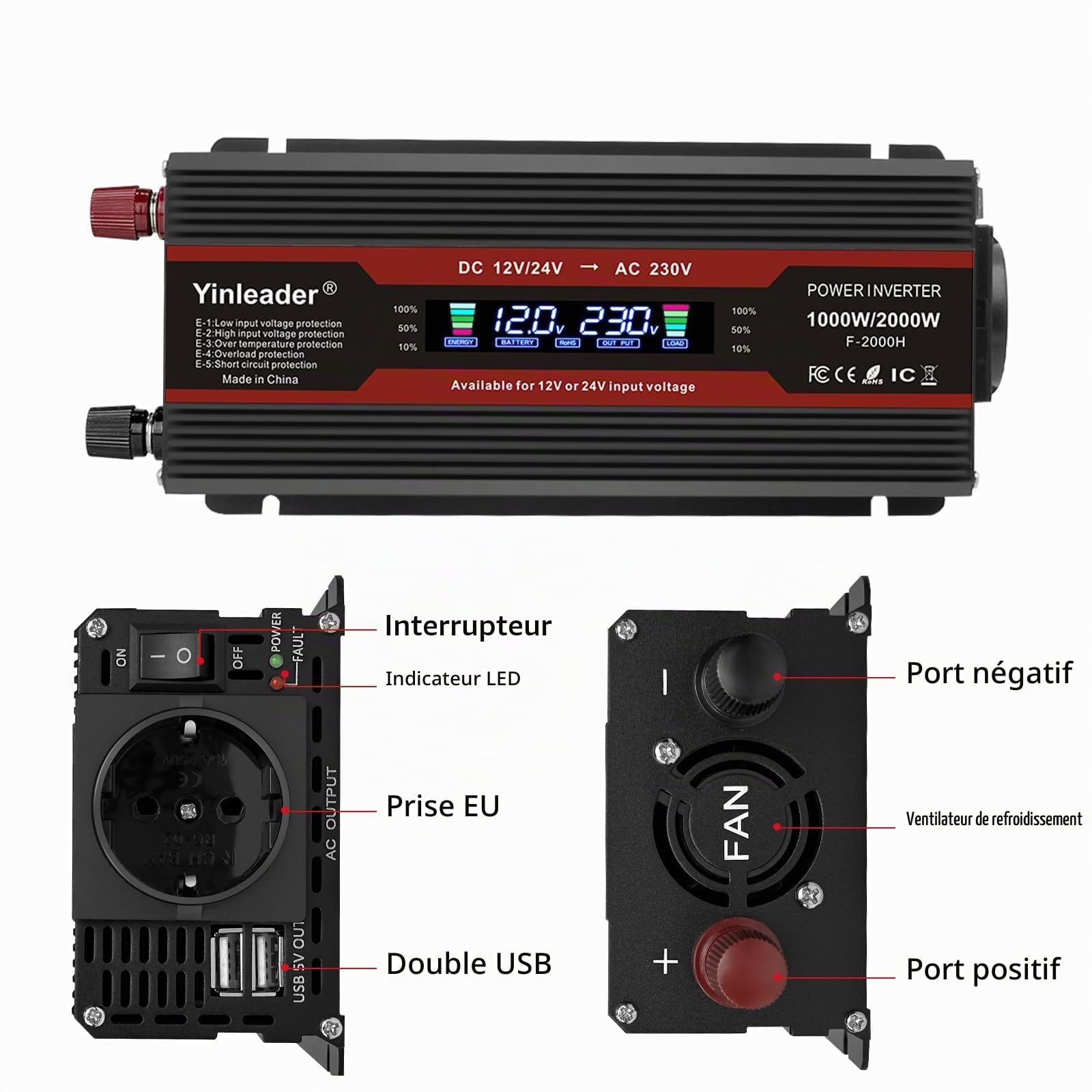 Yinleader Convertisseur 12V/24V vers 230V 1000W, Onduleur Auto-Détection