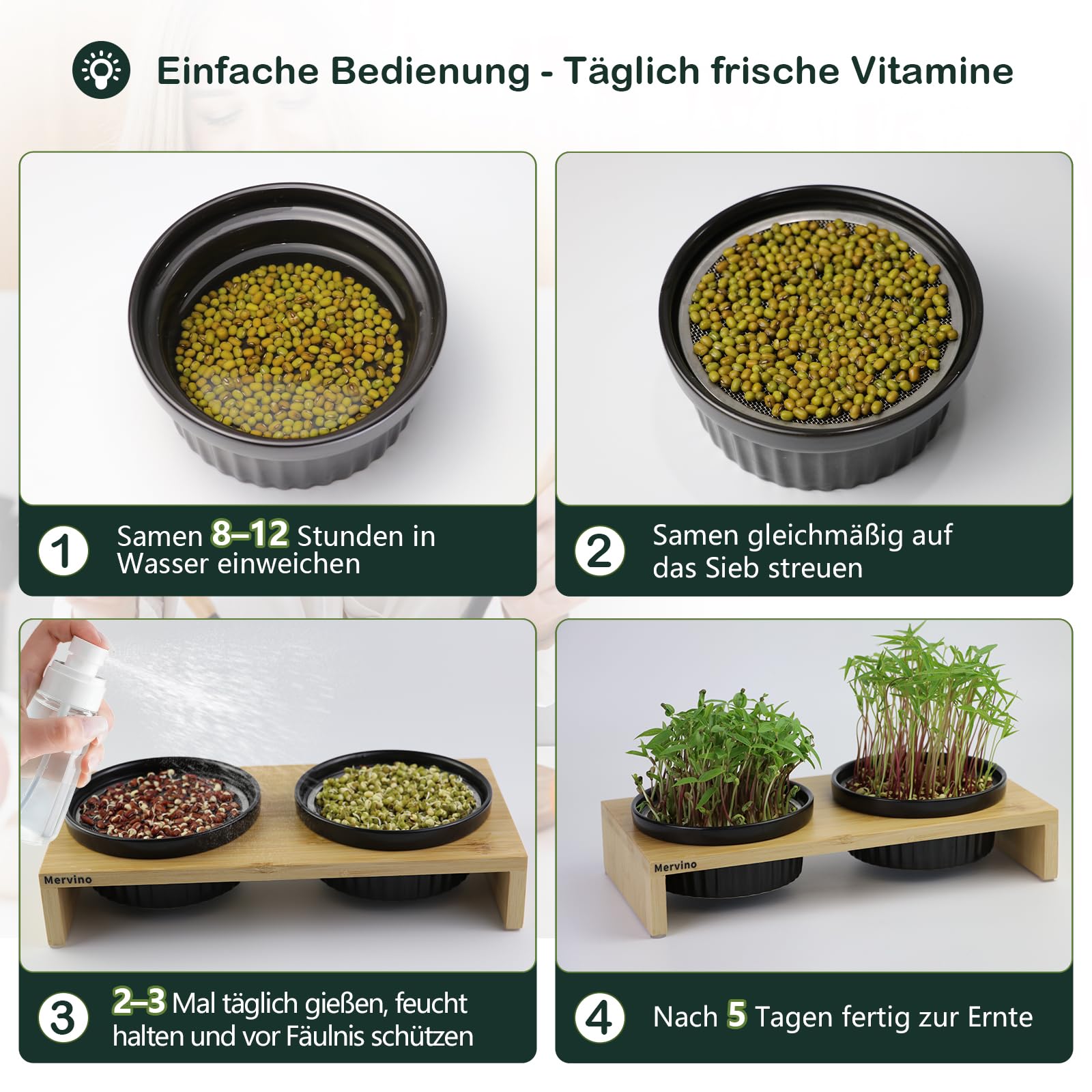 Mervino Kresse Anzuchtschalen Set mit 2 Hochwertigen Keramik-Anzuchtschalen, 2 Edelstahlsieben & Bambusständer – Praktisches Sprossen Anzuchtset für Microgreens, Kressesamen und Keimlinge,Schwarz
