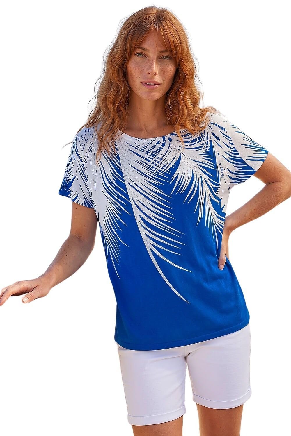 Roman Women's Royal Blue Palm Leaf Hotfix Knitted Top Size 18