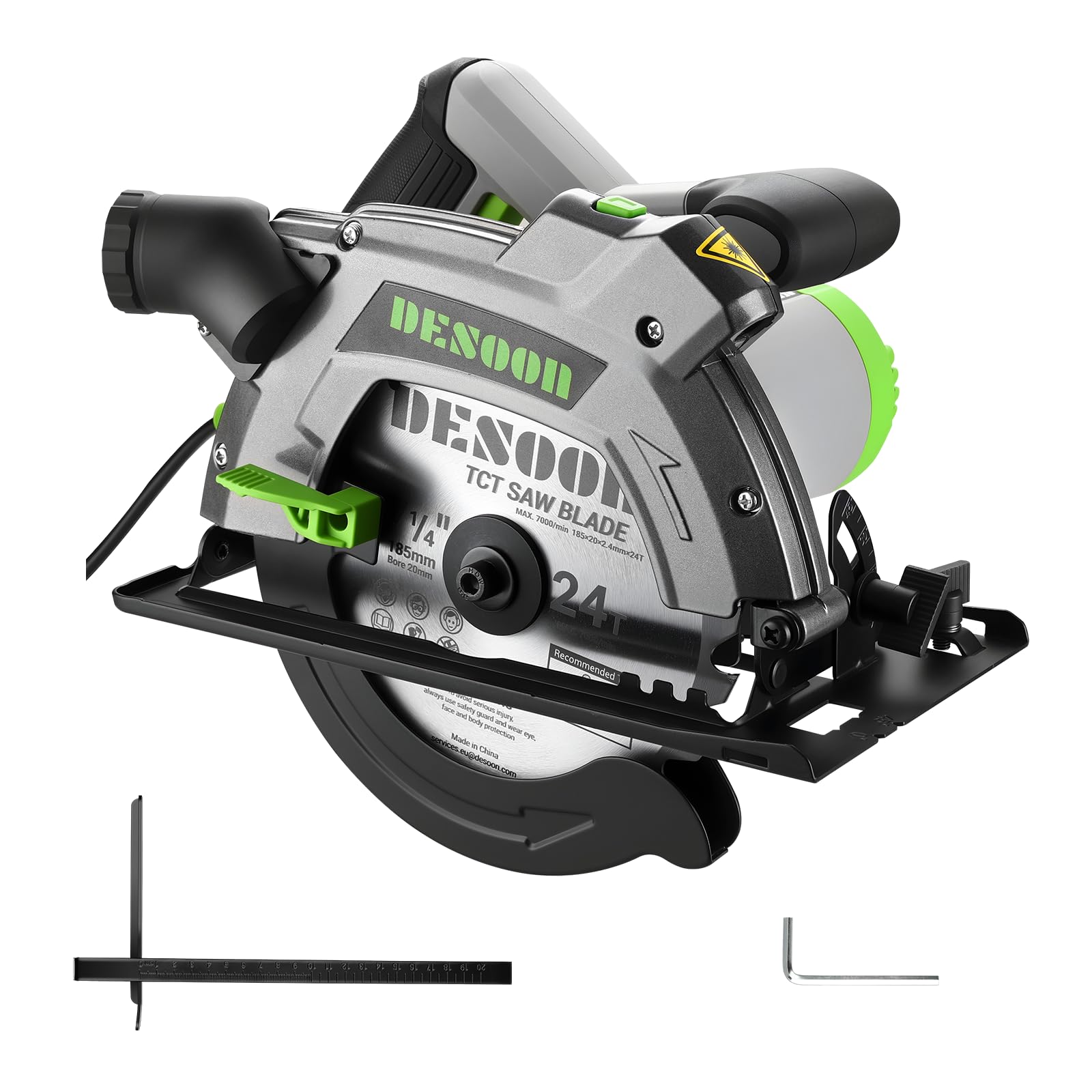 DESOON Sega Circolare da 1600 W con Guida Laser, Include Guida Parallela e 2 Lame da Seghetto (185 mm, 24T e 40T), 5500 Giri/min, Profondità di Taglio 65 mm (90°) e 43 mm (45°), per Taglio Legno