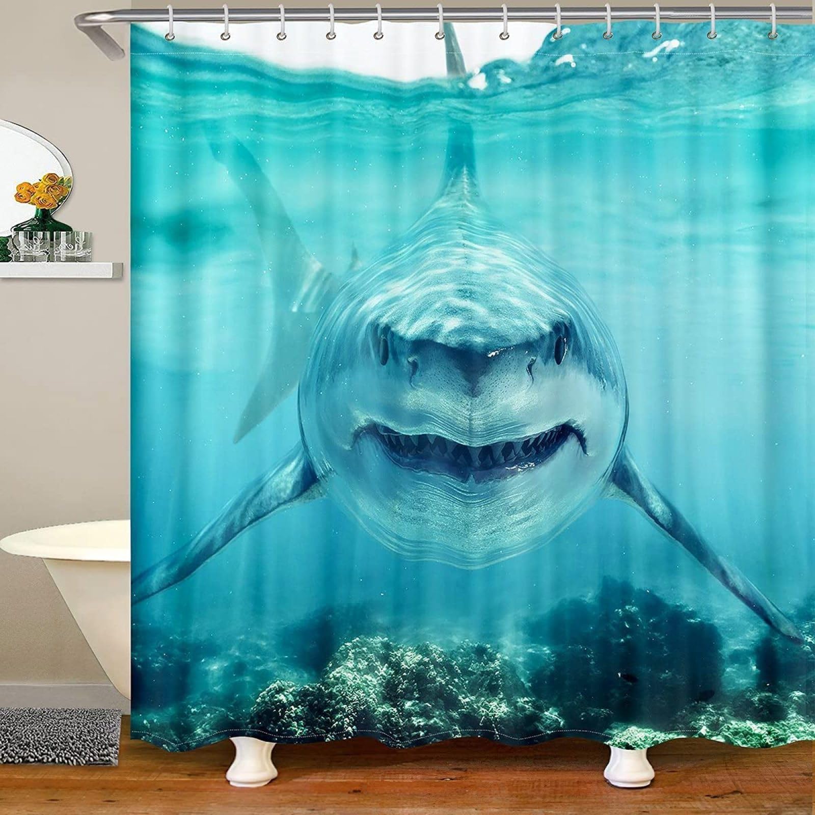 Duschvorhang Anti-Schimmel Hai 3D Duschvorhänge 200x240 Ozean Duschvorhang Textil Waschbar Wsserdicht für Badezimmer Badewanne Badevorhang Bad