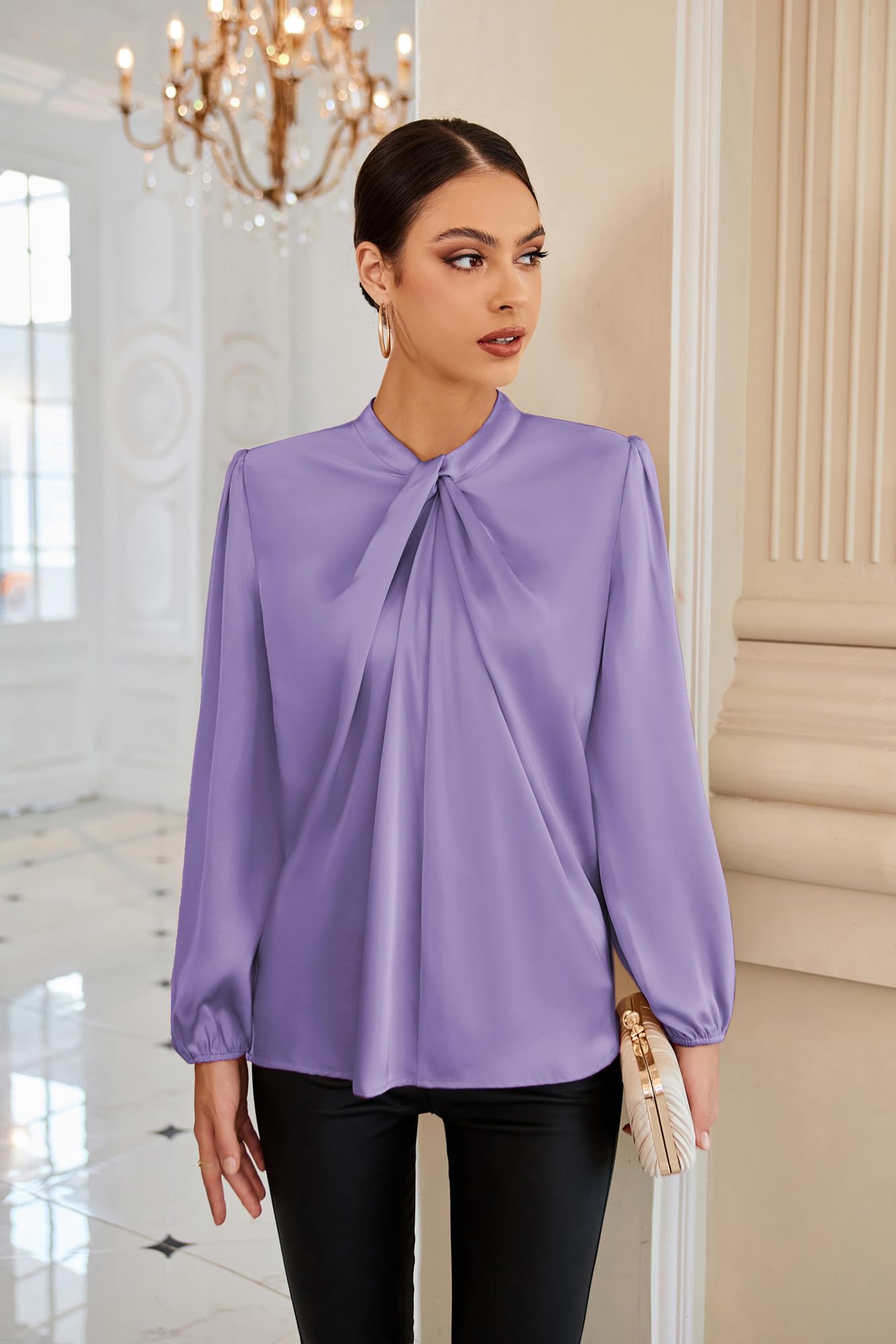 GRACE KARIN Blusa Elegante Donna Maniche Lunghe Tinta Unita con Bottoni Scollo a V da Ufficio Casual