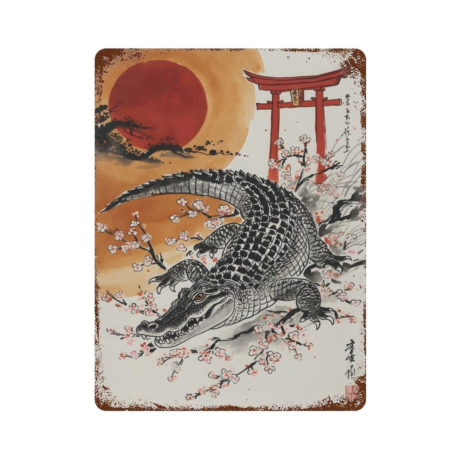 Japan Alligator Painting Rusty Metal Tin Sign 15.7"x11.8", Classic Wall Plaque for Pub, Kitchen And Man Cave Decor