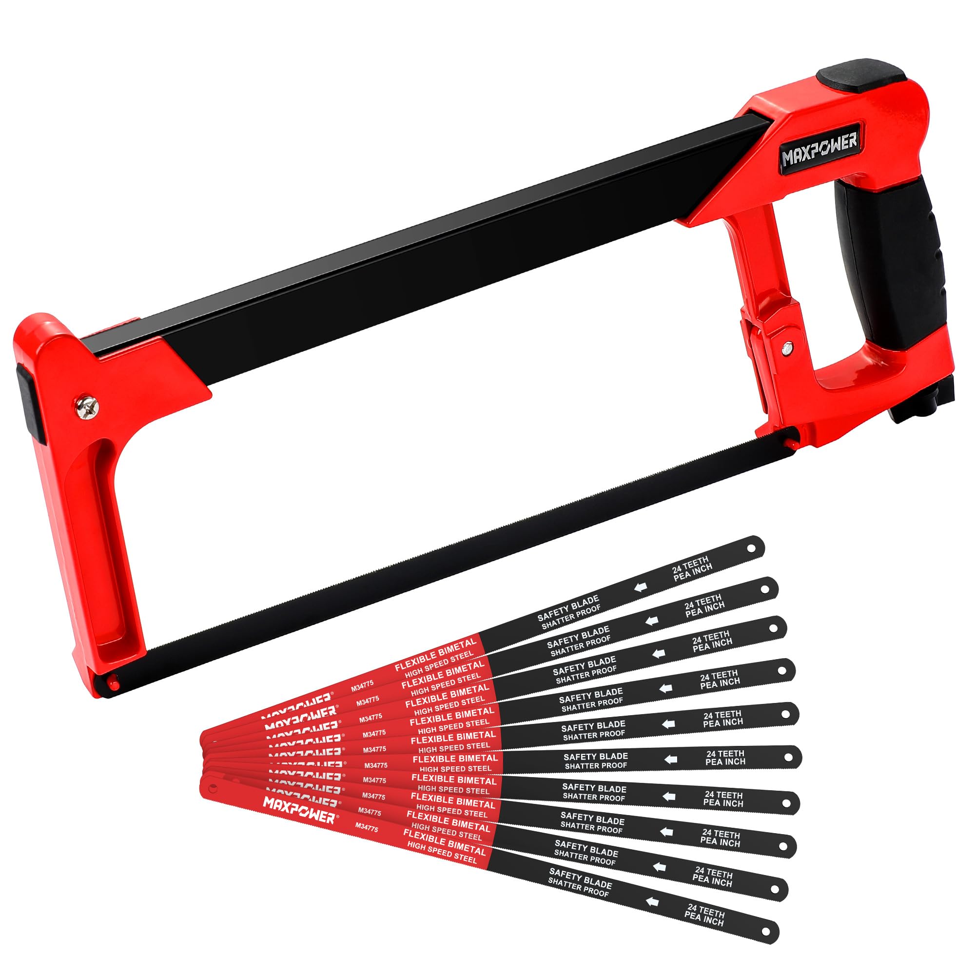 MAXPOWER Scie à Métaux 300 mm, Scie à Main avec 10 Lames de Rechange, 45°/90°, Métal, Bois, Acier, Tuyau PVC, Plastique, Professionnelle