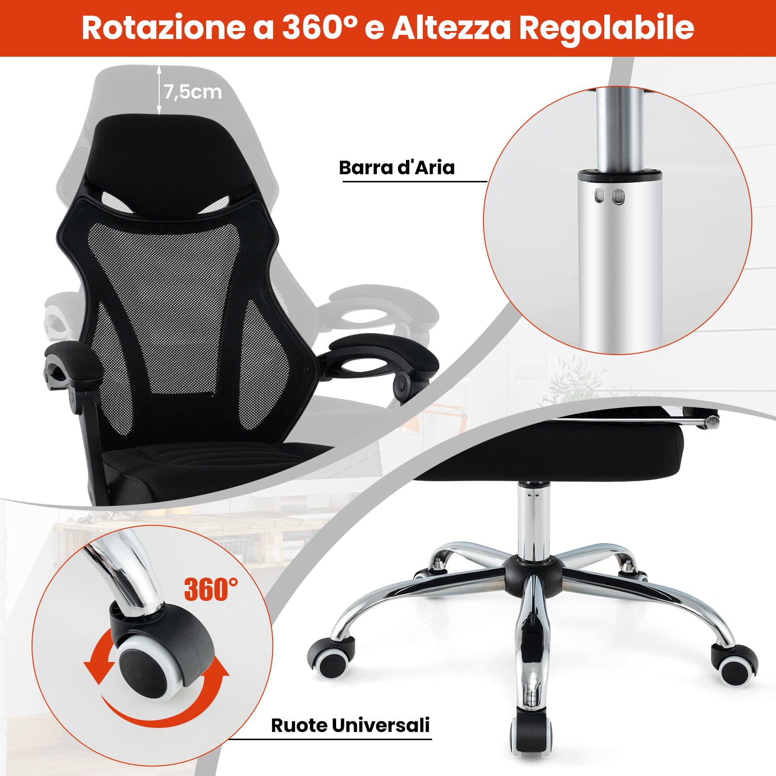 GYMAX Sedia da Scrivania per Computer, Sedia da Ufficio Ergonomica in Mesh Regolabile in Altezza con Schiena Inclinabile, Braccioli, Testiera, Sedia Girante Reclinabile per Sala Riunioni, Nera