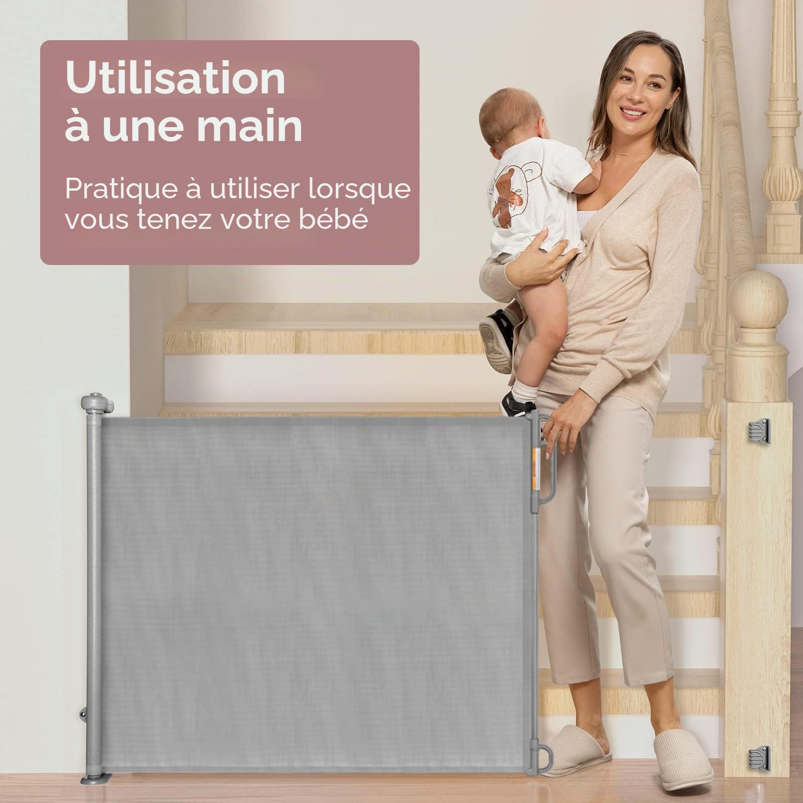Momcozy Barrière Sécurité Enfant, Rétractable, Gris, 140cm, Maille | Flexible, Chien, Intérieur, Extérieur, 84cm, Plinthes