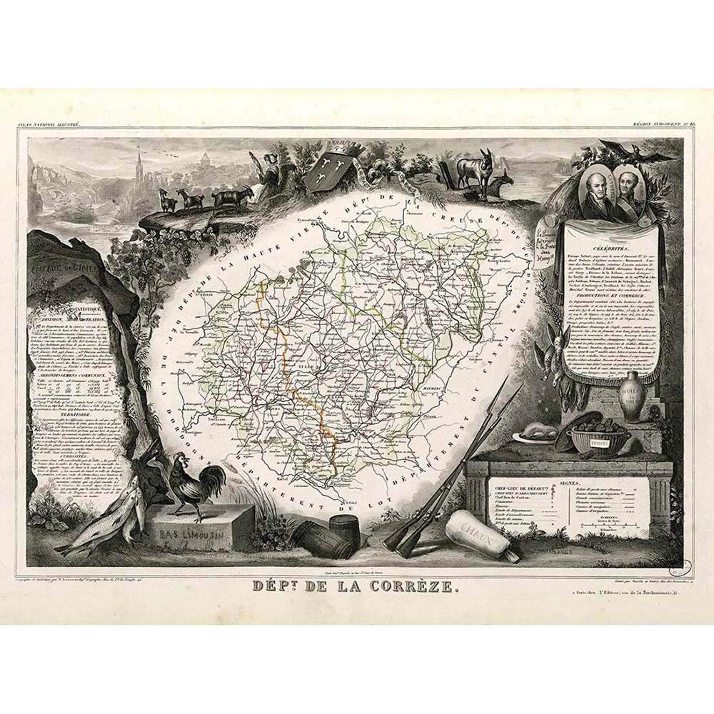 Wee Blue Coo Map Old France Levasseur Correze Department Art Print Poster Wall Decor 12X16 Inch