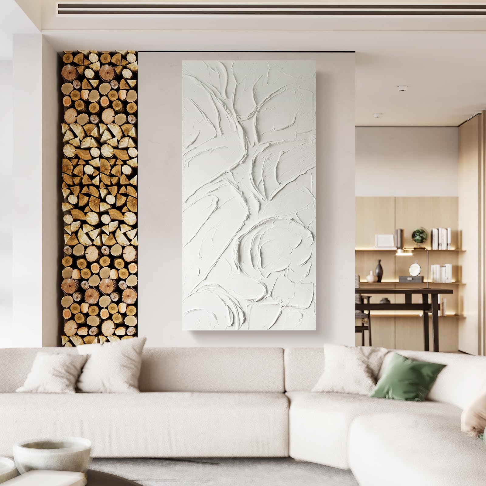 Arte de pared abstracto con textura pintada a mano, lienzo blanco, pintura al óleo moderna, 58 x 29 pulgadas, contemporánea, minimalista, grande, decoración de pared horizontal/vertical 4