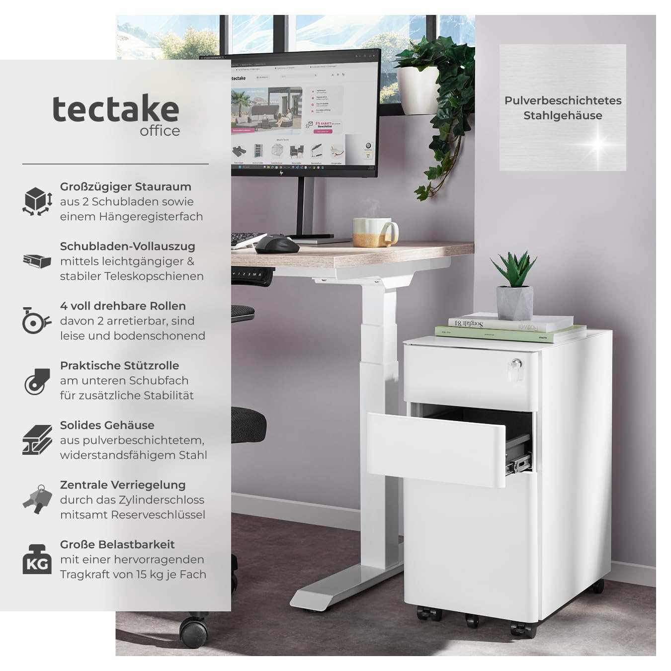 tectake® Büro Metall Aktenschrank mit Rollen, abschließbare Kommode mit Schubladen für Schreibtisch, Rollcontainer, Schubladenschrank, Organzier, Rollwagen Schrank abschließbar (weiß)