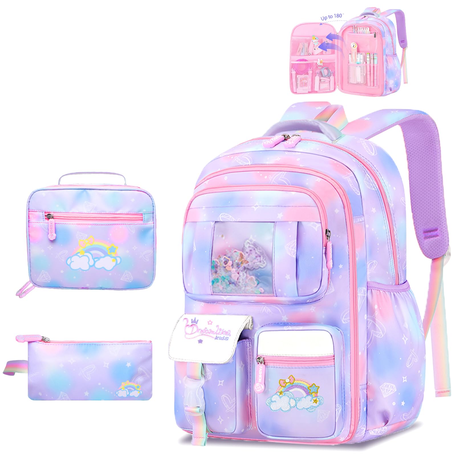 Schxuw 3Pcs Backpacks for Girls, Cute Rainbow School Backpack with Lunch Bag Pen Bag Set, Multi-Pockets Kids Backpack for Elementary Preschool Toddler