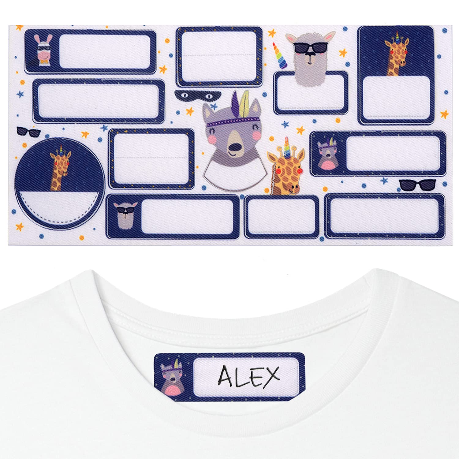 12 Etiquetas termoadhesivas con nombre para la ropa. Parches identificativos para aplicar con plancha en prendas, camisetas, pantalones, tejanos, Marcadores para niños, colegio y guardería