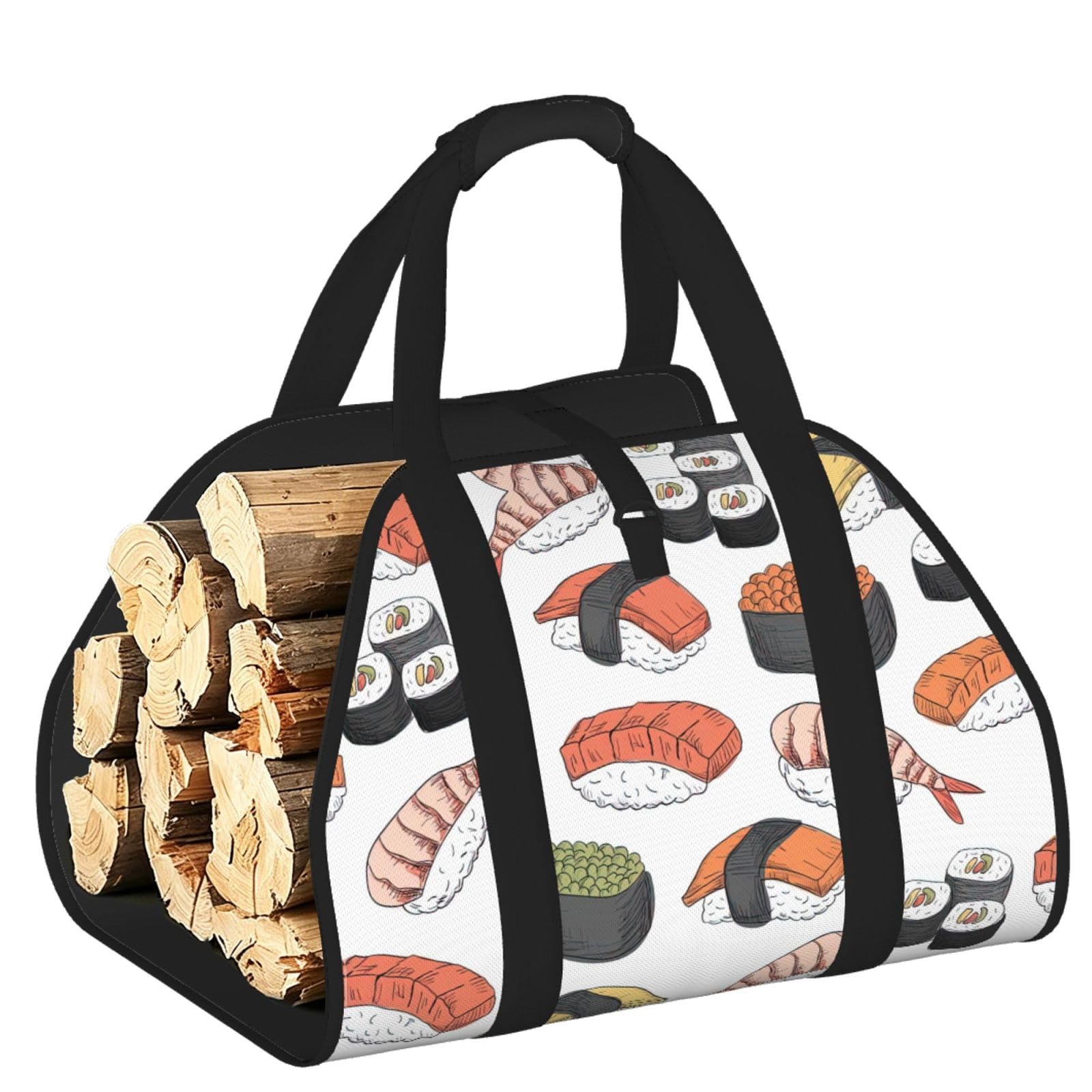 Sushi Printed Firewood Carrier Bag, Log Tote with Open-Ended Design for Camping Outdoor Wood Hauling