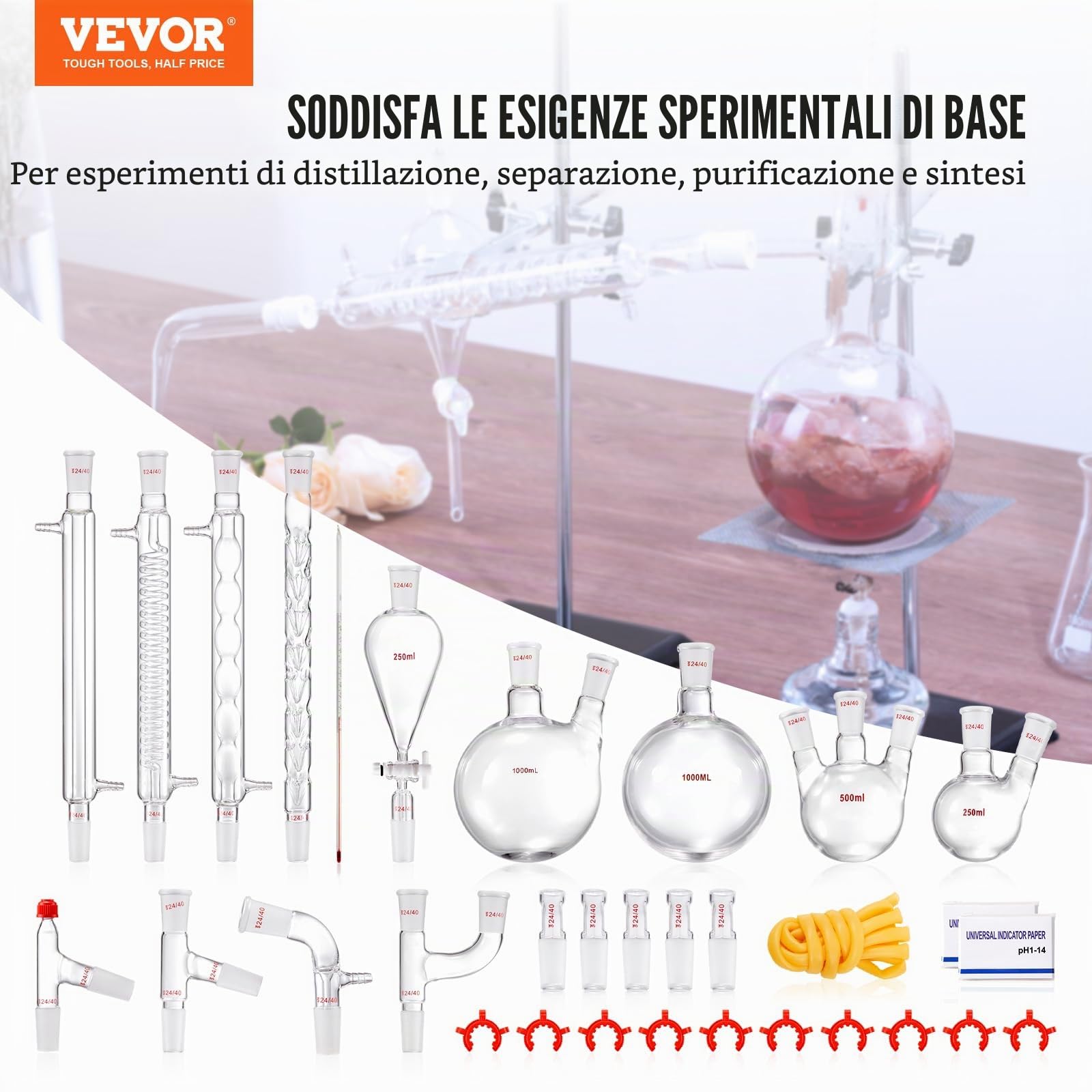 VEVOR Kit Vetreria da Laboratorio 32 Pezzi Kit di Distillazione per Chimica Organica Kit di Apparecchi di Distillazione Kit Vetreria da laboratorio Materiale Vetro da Laboratorio