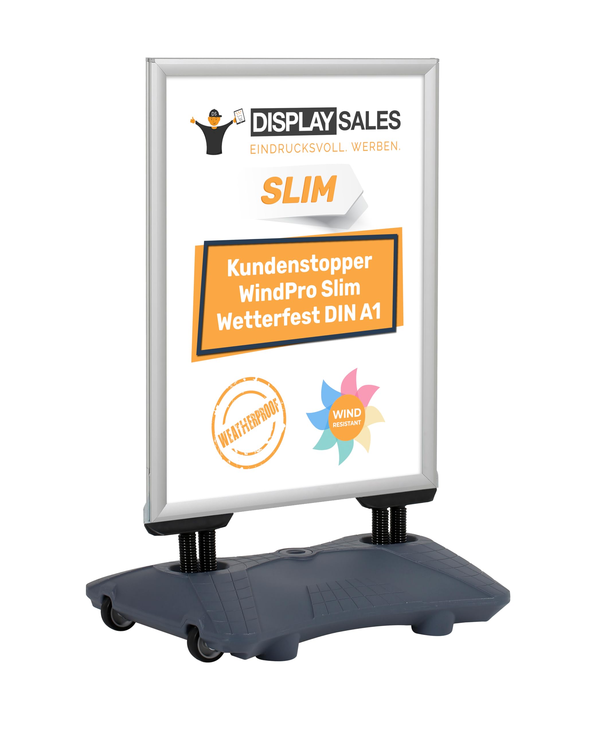 Plakatständer WindPro® SLIM | Kundenstopper OUTDOOR in DIN A1 | Plakataufsteller A1 wetterfest in silber | Aufsteller Werbung beidseitig nutzbar für 2 Plakate