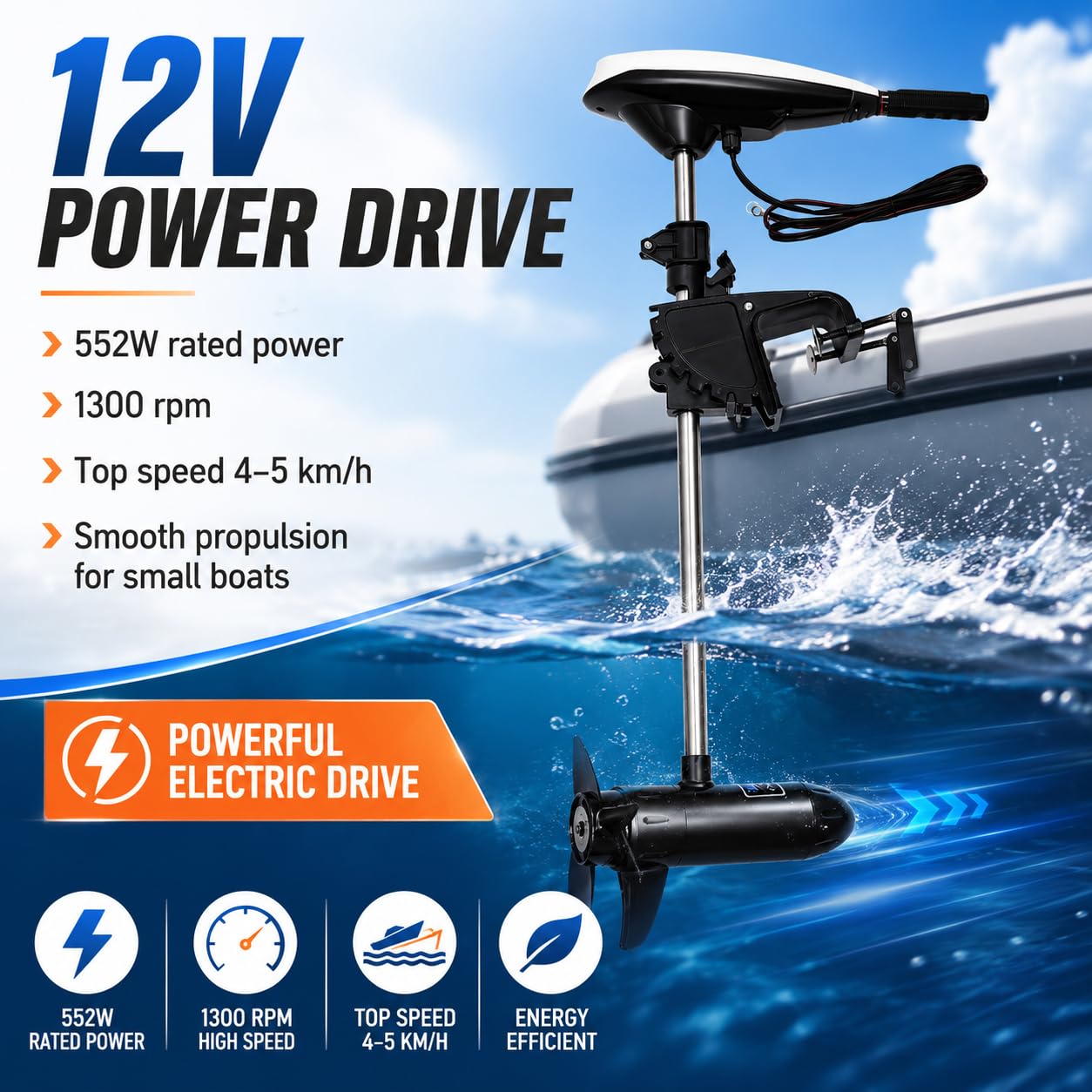 Motor eléctrico para barco de 12 V, 552 W, 19,84 libras, 1300 rpm, con mango retráctil, motor eléctrico para botes hinchables, fueraborda eléctrica, para barcos, kayaks, canoas, botes