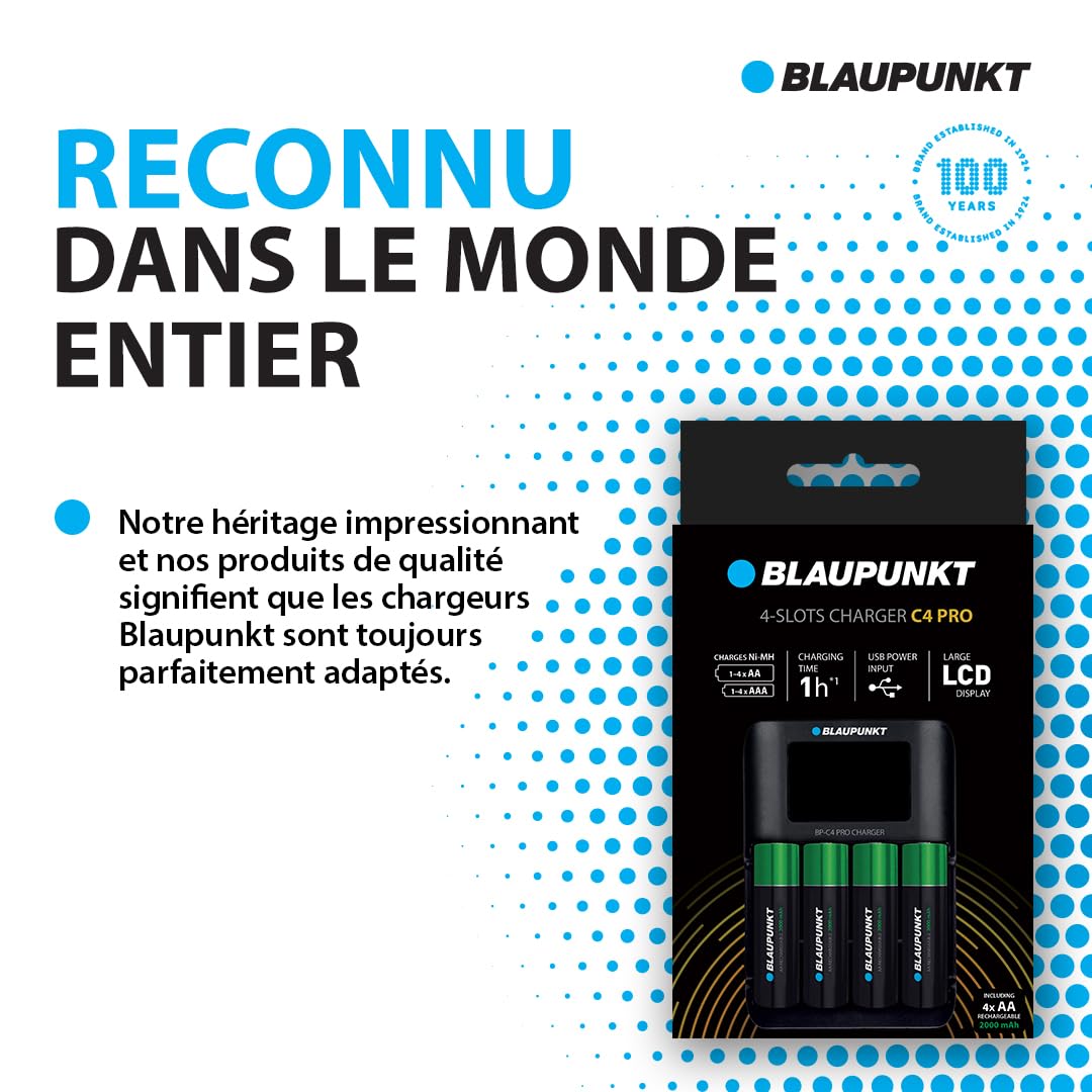 Blaupunkt Chargeur de Piles USB, pour 1-4 Piles Rechargeables AA,AAA, Rapide: 1h de Temps de Charge, 4 Blaupunkt Piles AA incluises 2000 mah