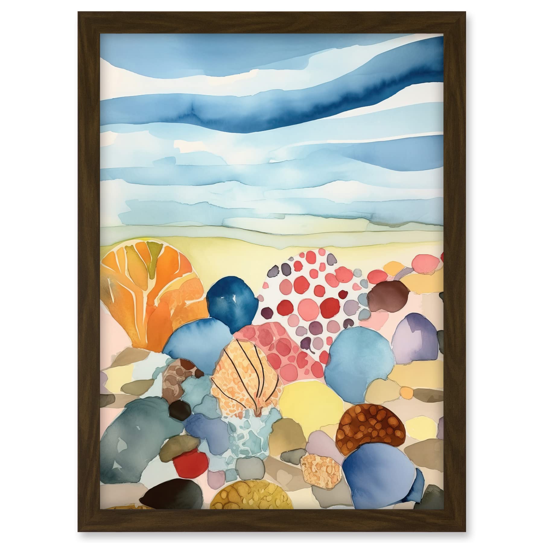 Artery8 Seaside Beachcombing Colourful Seashells And Beach Pebbles Watercolour Painting Artwork Framed A3 Wall Art Print