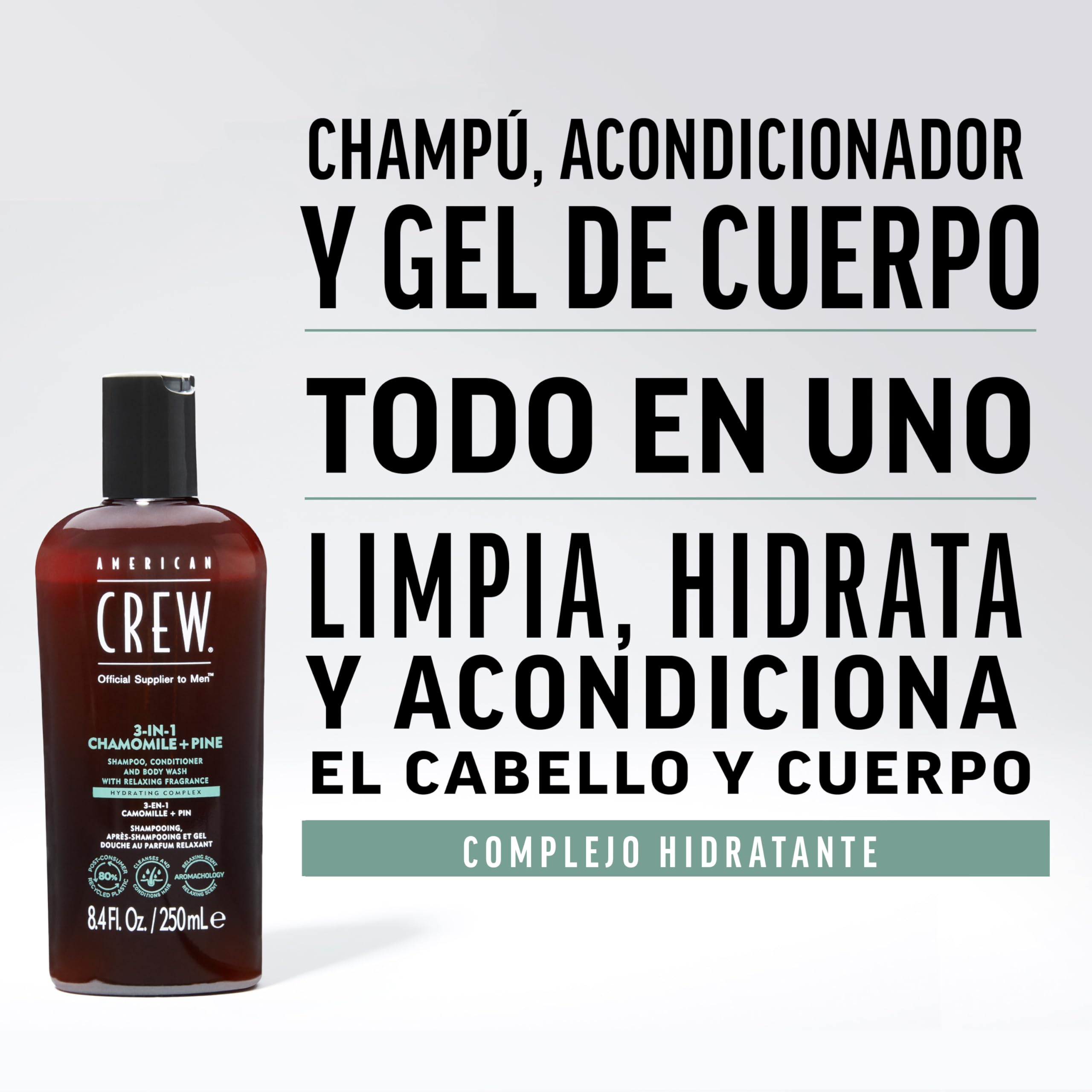American Crew 3 en 1 Manzanilla y Pino, Champú Acondicionador y Gel de Ducha, Limpia e Hidrata el Cabello y Cuerpo, Mantiene y Repone la Barrera de Hidratación, Aroma Tranquilizante y Relajante