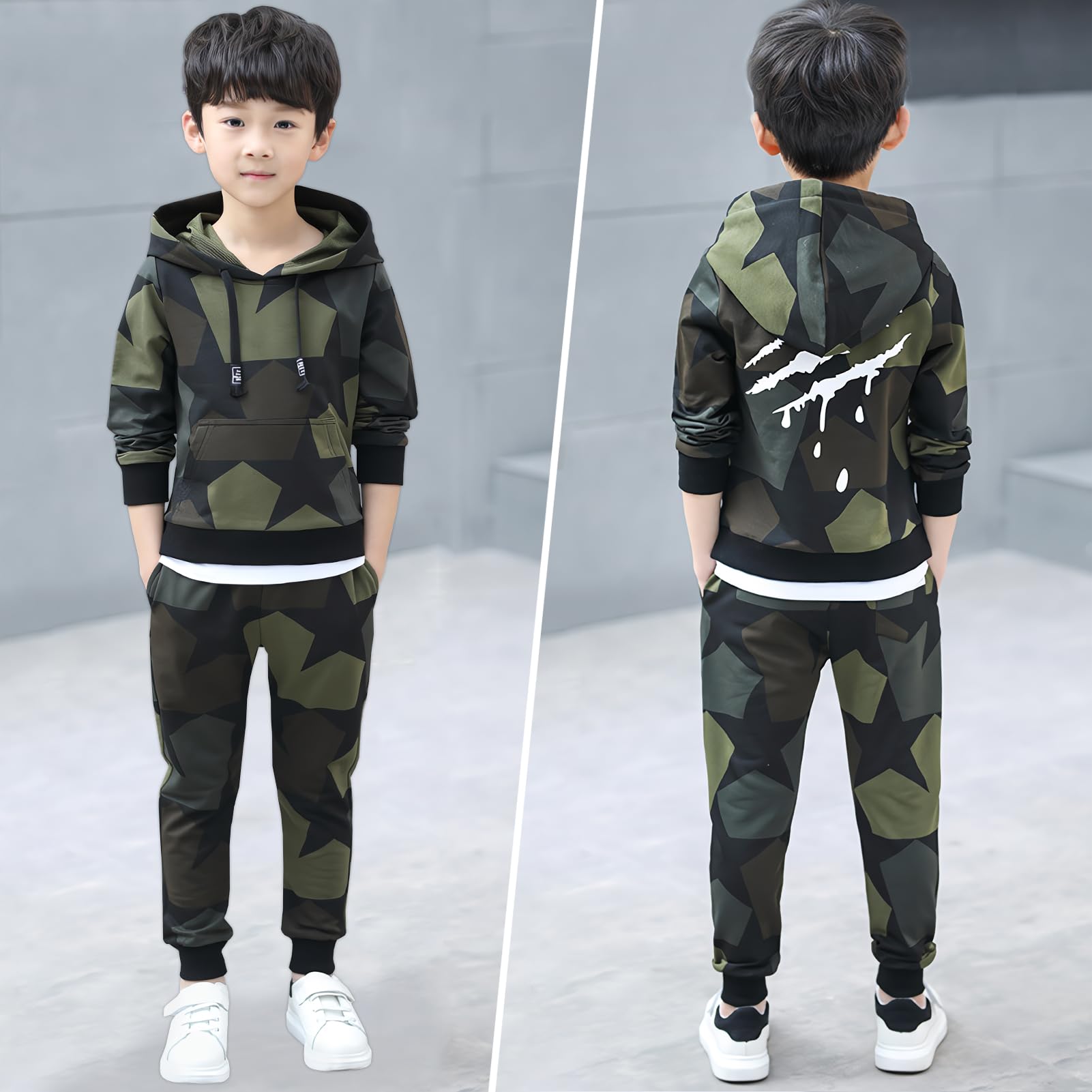 Tuta da Jogging per Bambini 2 Pezzi Tuta Sportiva Mimetica Giacca Sportiva con Cappuccio e Pantaloni