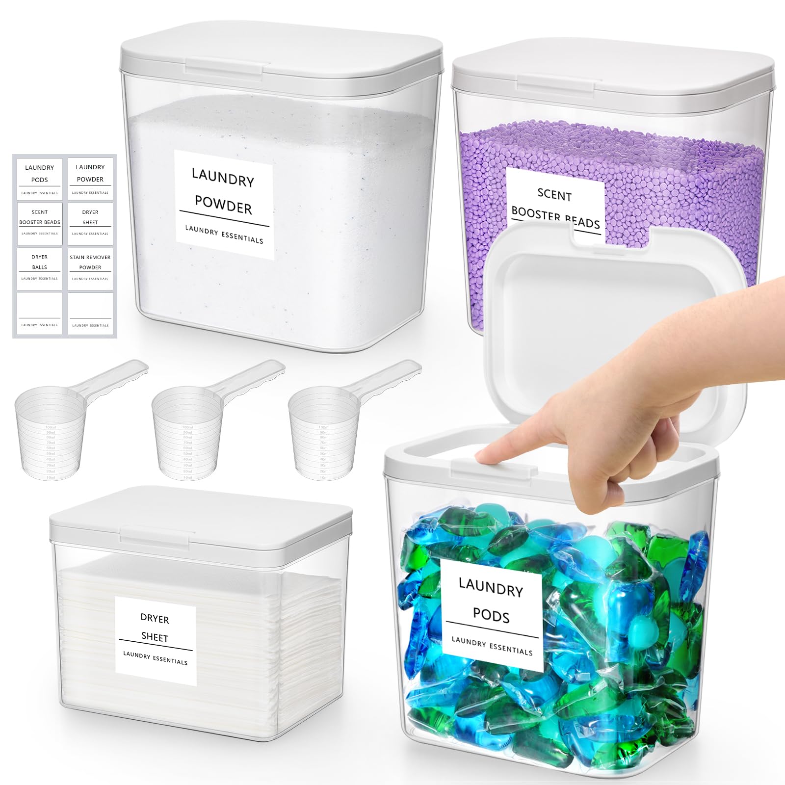 Lifewit 4 Pack 0.72 Gal Laundry Pods Container & 0.5 Gal Dryer Sheets Holder Sets, Press-and-Pop Lids, Laundry Room Organization and Storage for Booster Beads with Labels and Measuring Scoops