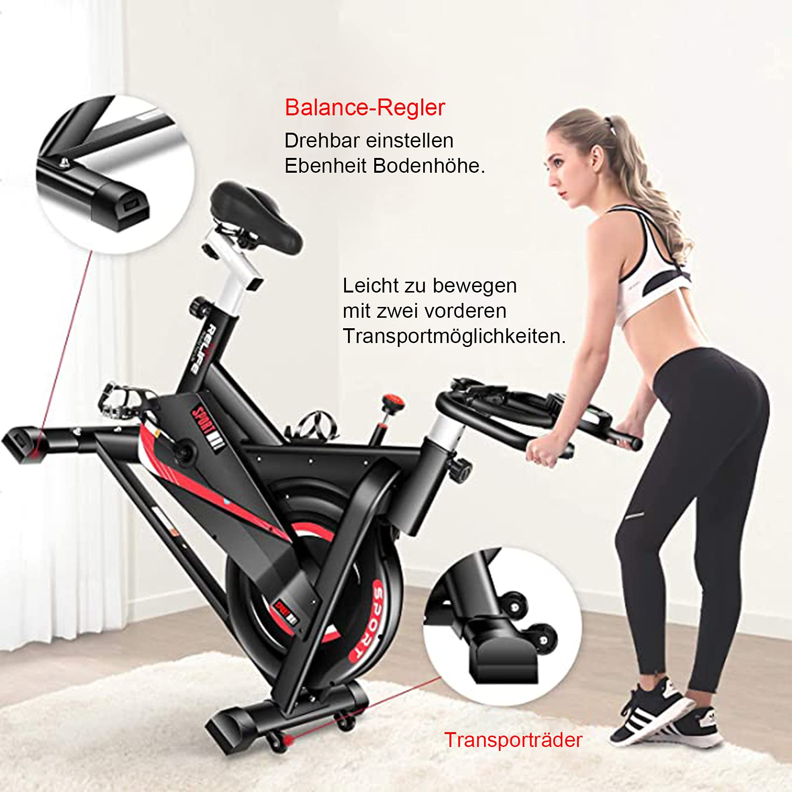 PUCHIKA Rower treningowy do użytku wewnątrz i na zewnątrz, rower spinningowy, Speedbike, z regulowaną kierownicą, wyświetlaczem LCD z miernikiem tętna, 10 kg koło zamachowe, waga użytkownika do 120 kg, czarny i czerwony.