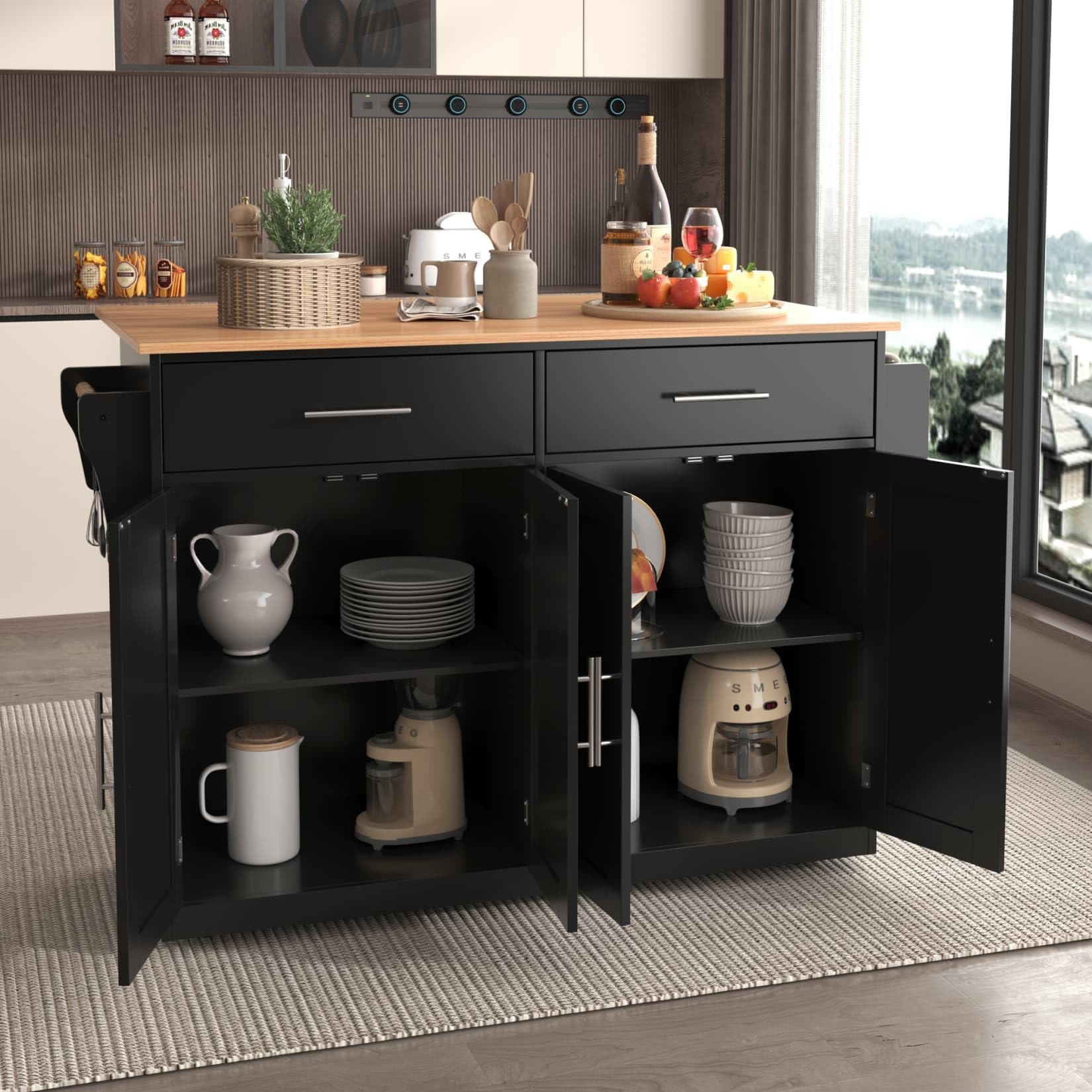 PUGSDRLY Desserte Cuisine avec Plan de Travail Pliable,roulettes et Pieds Amovibles,2 Tiroirs,Îlot Central,Buffet Cuisine,pour Cuisine,Salon et Salles à Manger,120x46x91.5(D-Noir)