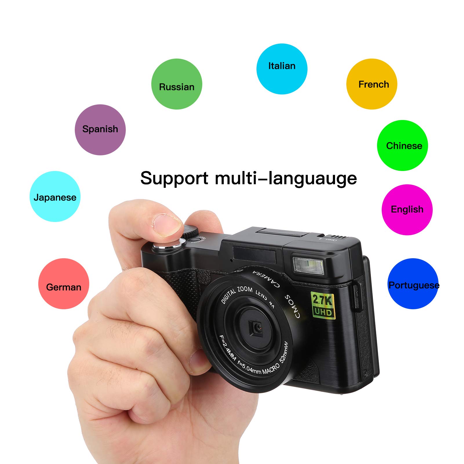 Fotocamera Digitale, Schermo LCD Flip 180° da 3 Pollici, Videocamera Full HD 2,7K 48MP per Vlog, Batteria Integrata 800mAh per Bambini