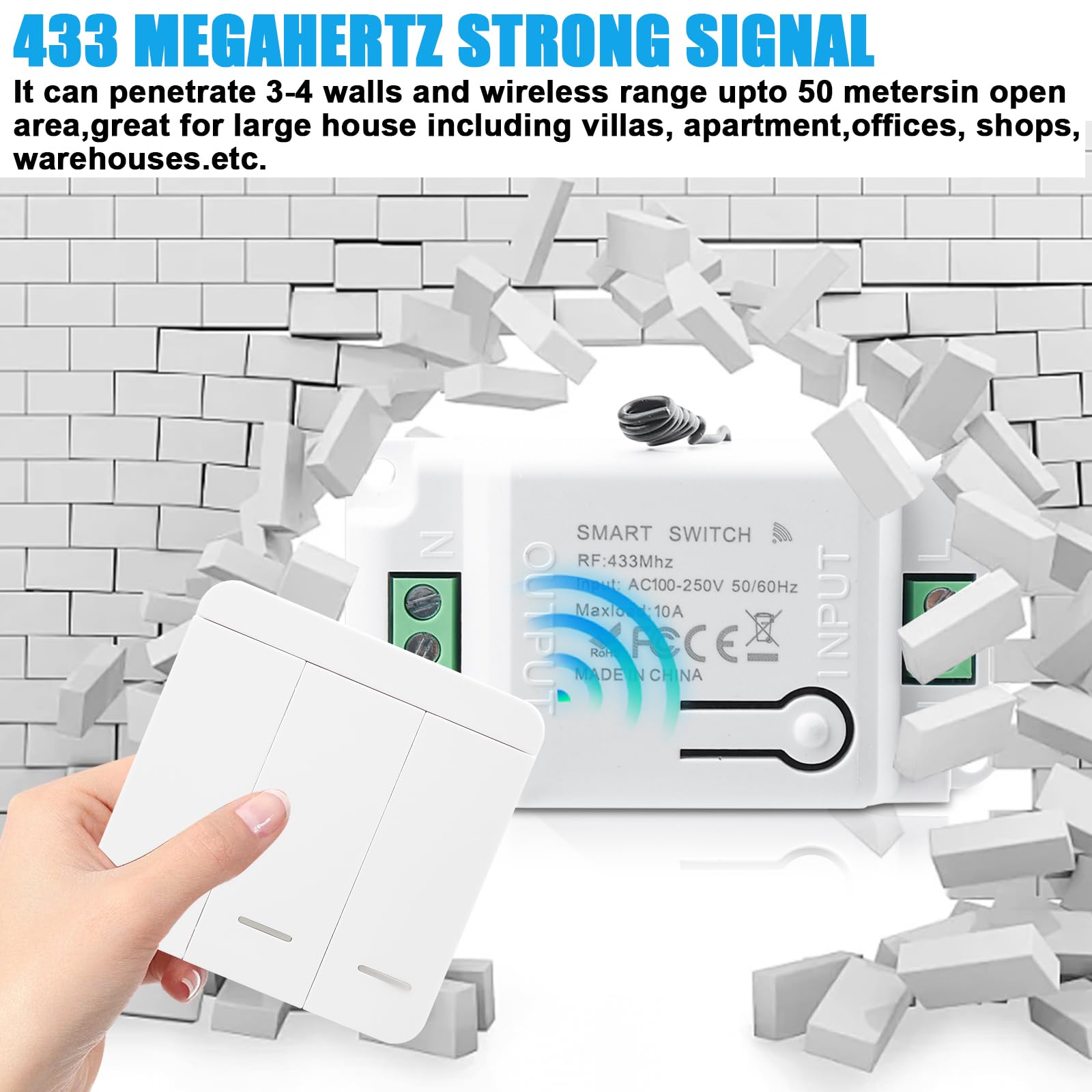 Juego de 2 interruptores de luz inalámbricos, 230 V, 10 A, con control de 3 receptores, interruptor de pared inalámbrico de hasta 50 m de alcance, 200 – 2000 W, no requiere cableado