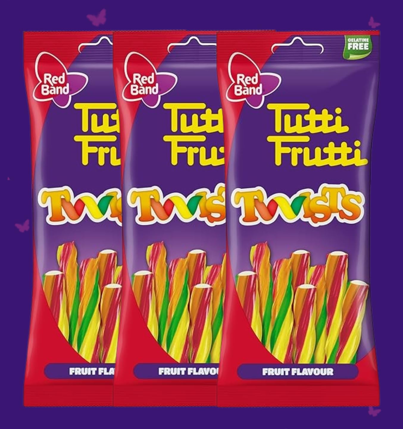 Red Band Tutti Frutti Long Twists Soft Chewy Candy with Apple Juice Concentrate| Fruit Flavour | Centre Filled | 100% Veg | Gelatine Free | Imported from Neitherlands - 100g (Pack of 3)