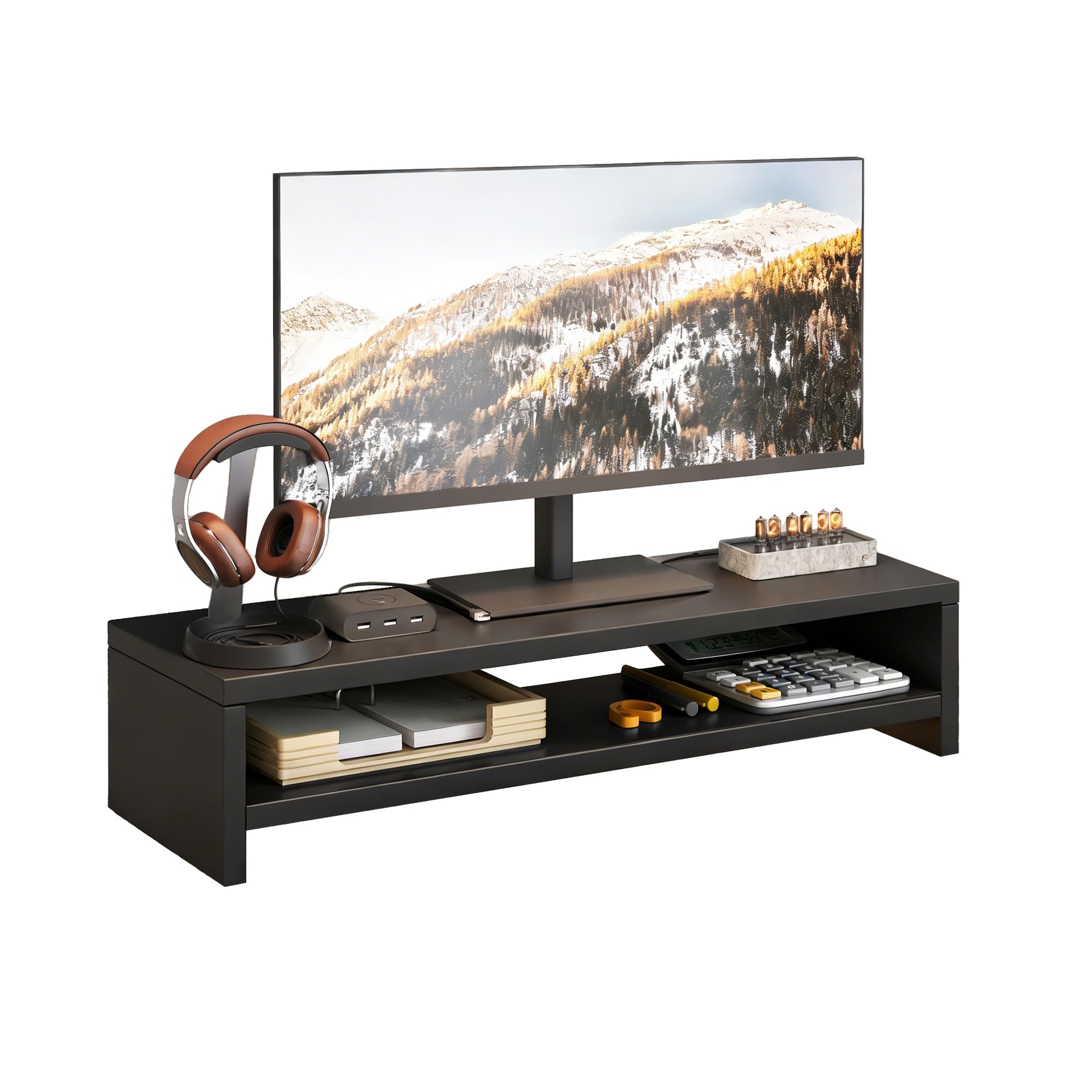 Computer Monitor Stands, Wooden Desktop Oraganizer Shelf for Office Desk Computer, Home, School Supplies, 2-Tier (Black)