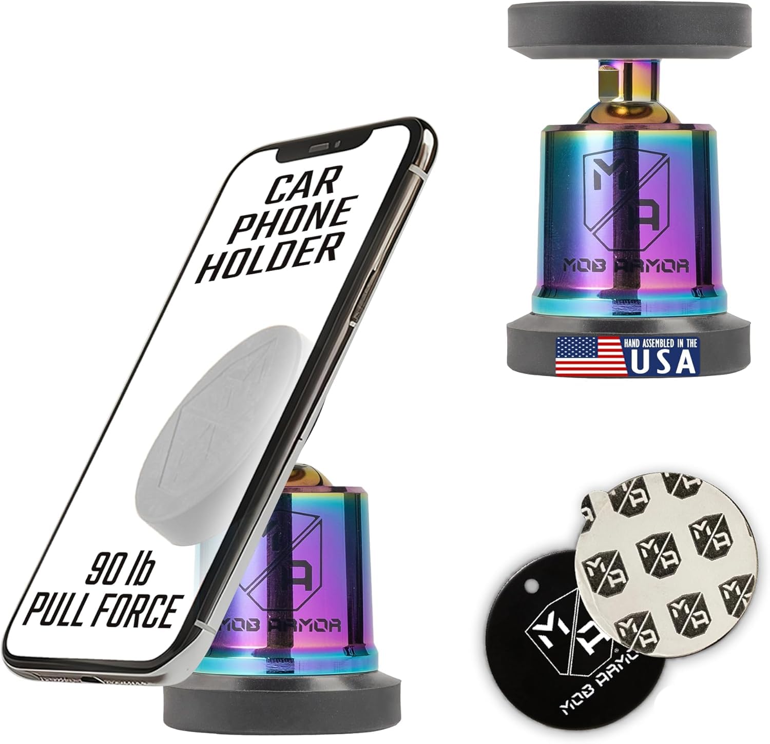 Mob Armor MobNetic Maxx - USA Assembled Magnetic Phone Holder for Car, Magnetic Car Phone Mount, 90-Degree Tilt, 360-Degree Rotation, Aluminum Metal, Compatible with iPhone & Android - Multicolor