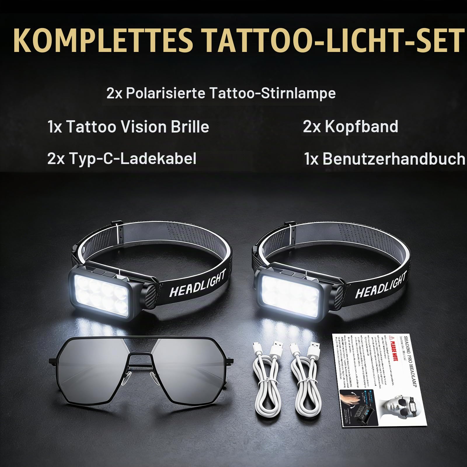 GBK Tattoo-Stirnlampe mit Bewegungssensor, polarisiertem Licht und Schutzbrille für Tätowierungen (Doppelstirnlampe)