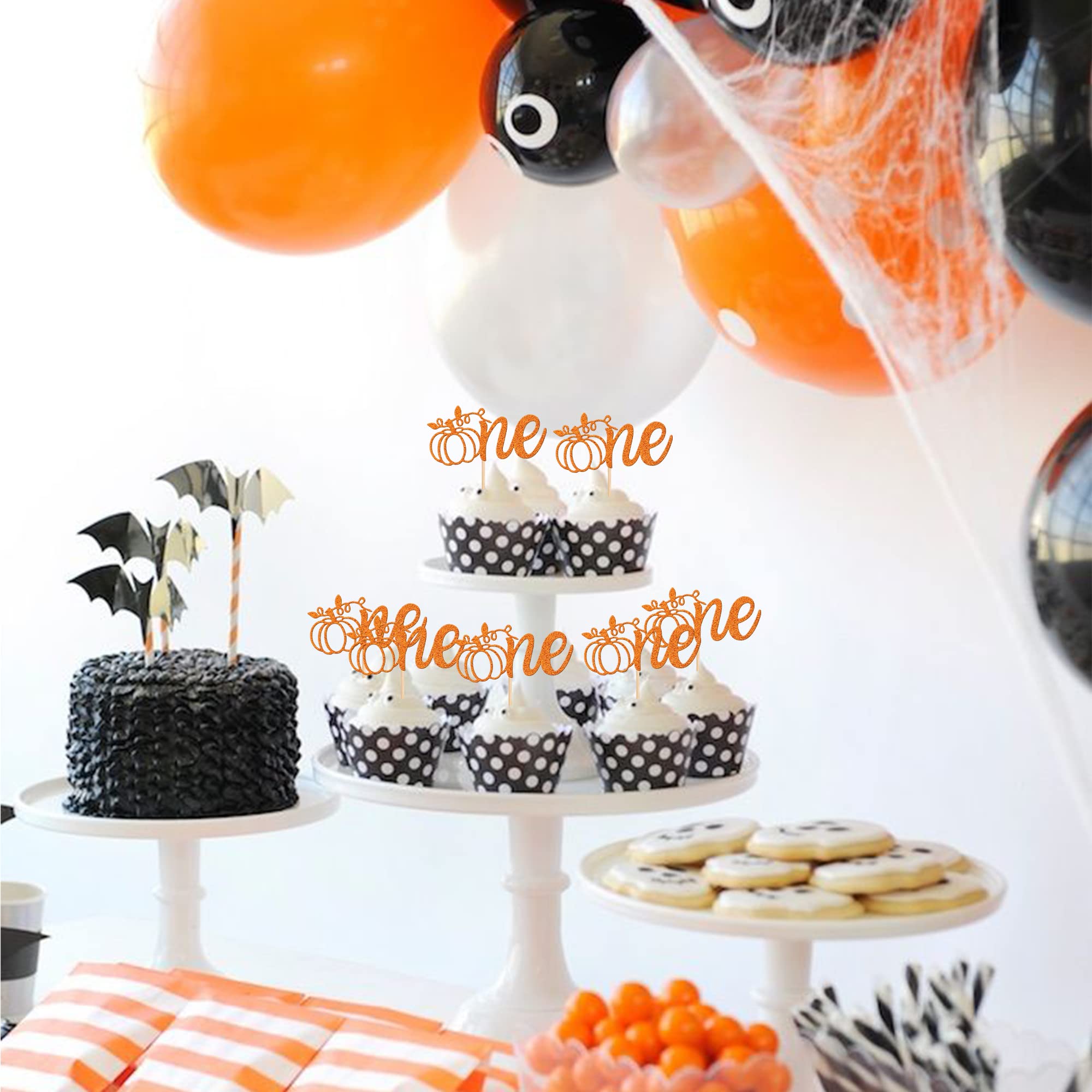 24-Pack Pumpkin "One" Cupcake Toppers - Glitter First Birthday Cake Decorations