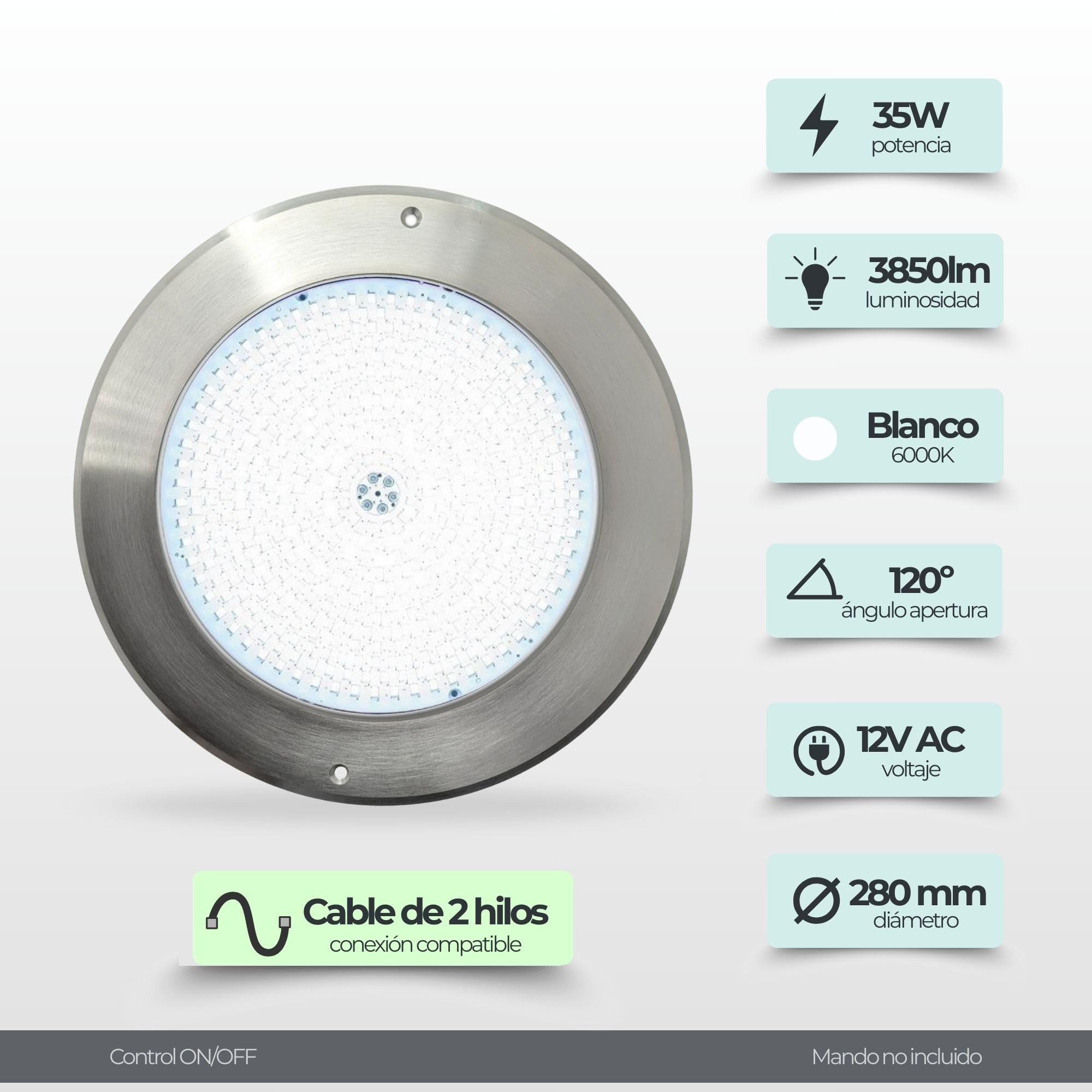 SWIMHOME Warmpool Foco LED Piscina Extraplano Superficie Acero Inoxidable Resina 35W Blanco Frío 6000K 12V 28cm