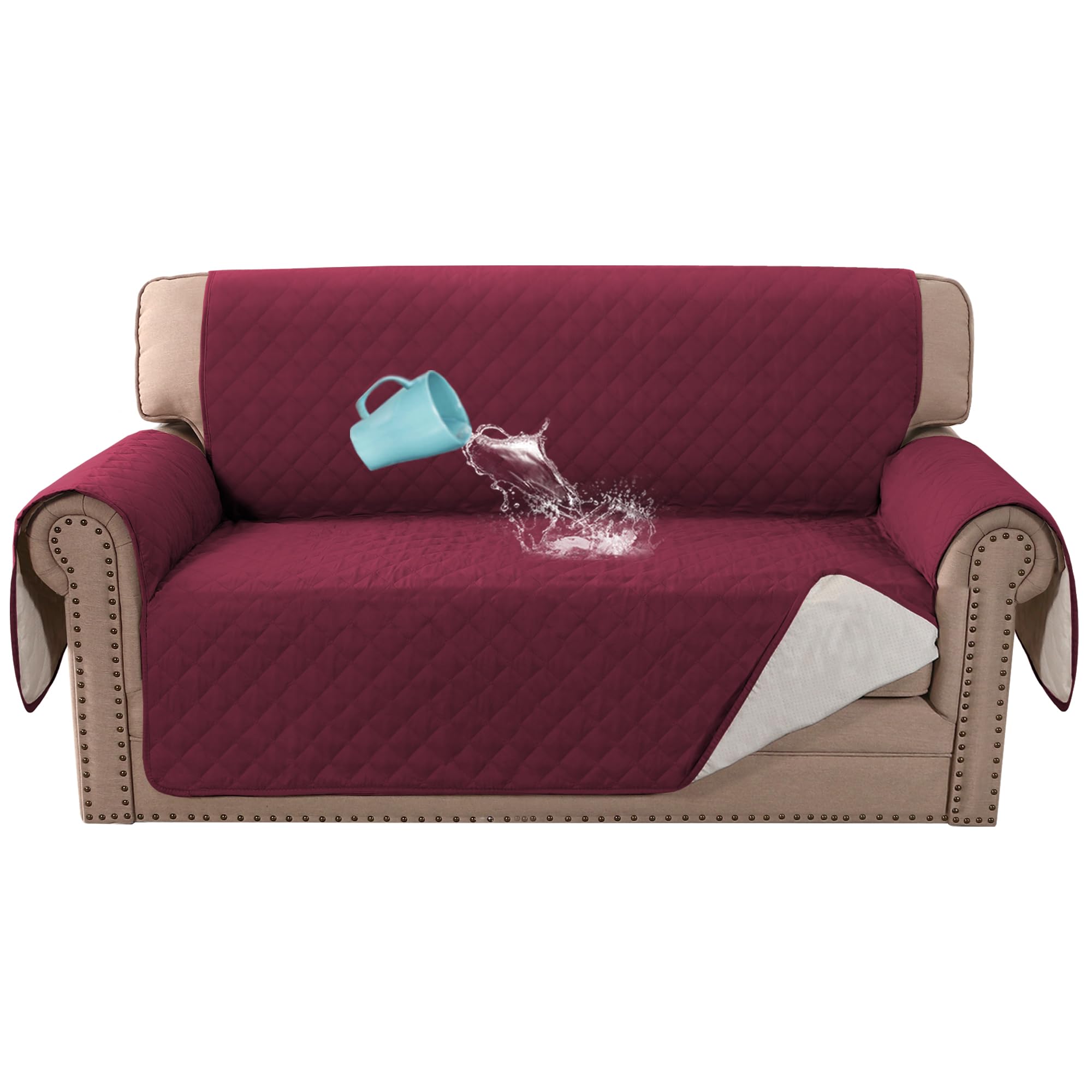 Bellahills Burgundy Sofa Cover 100% Waterproof Sofa Covers 2 Seater Couch Covers Sofa Slipcovers With Elastic Straps Triple Non-Slip Loveseat Sofa Cover Furniture Protector For Kids (Loveseat 54", )