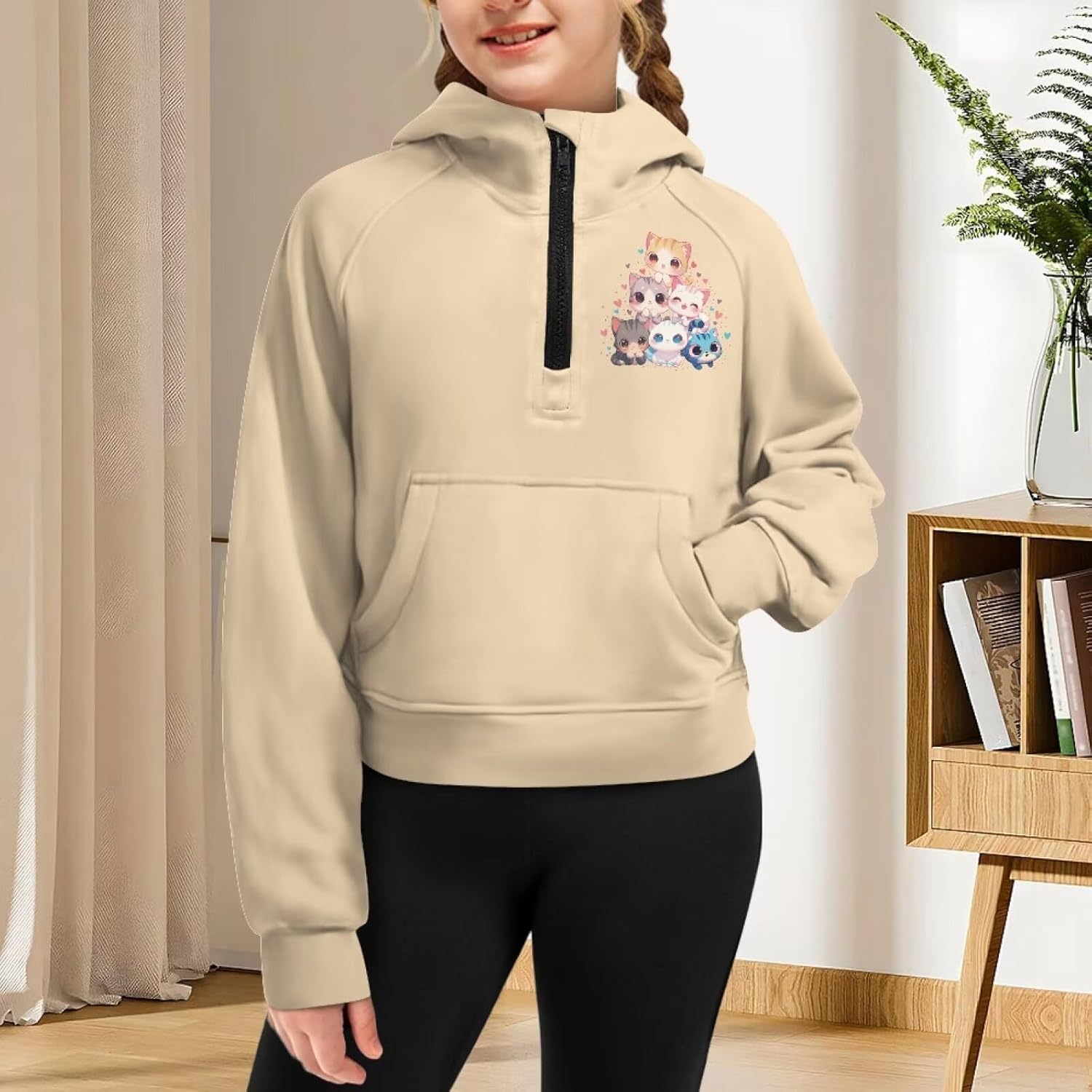 Breathable Girls Hoodie for Sports Stretchy Half Zip Raglan Cropped Sweatshirt with Front Pocket Ages 5-14