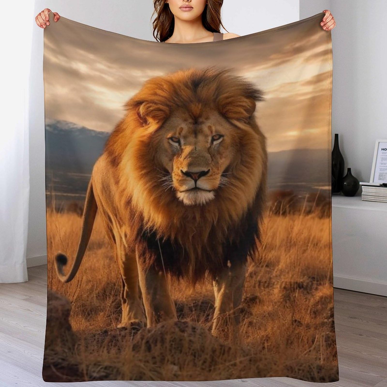 Couverture flannel polaire lion douce de séjour et canapé grand format 180x200cm
