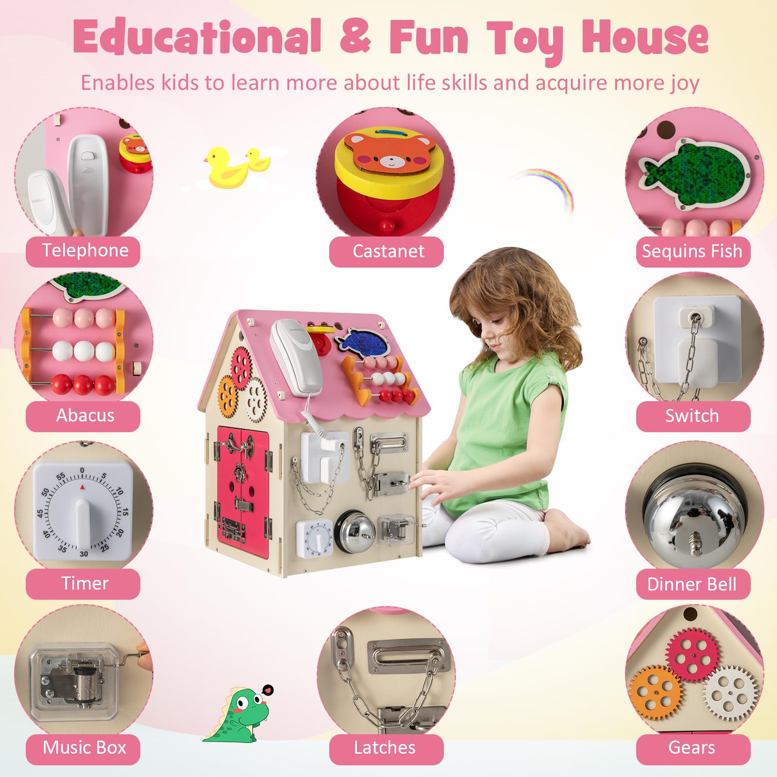 GOPLUS Casa de Juegos de Madera para niños, casa de Juegos Infantil educativa con 33 componentes, Juguete Montessori con Espacio de Almacenamiento para niños 3+ años, para Aprendizaje (Rosa)