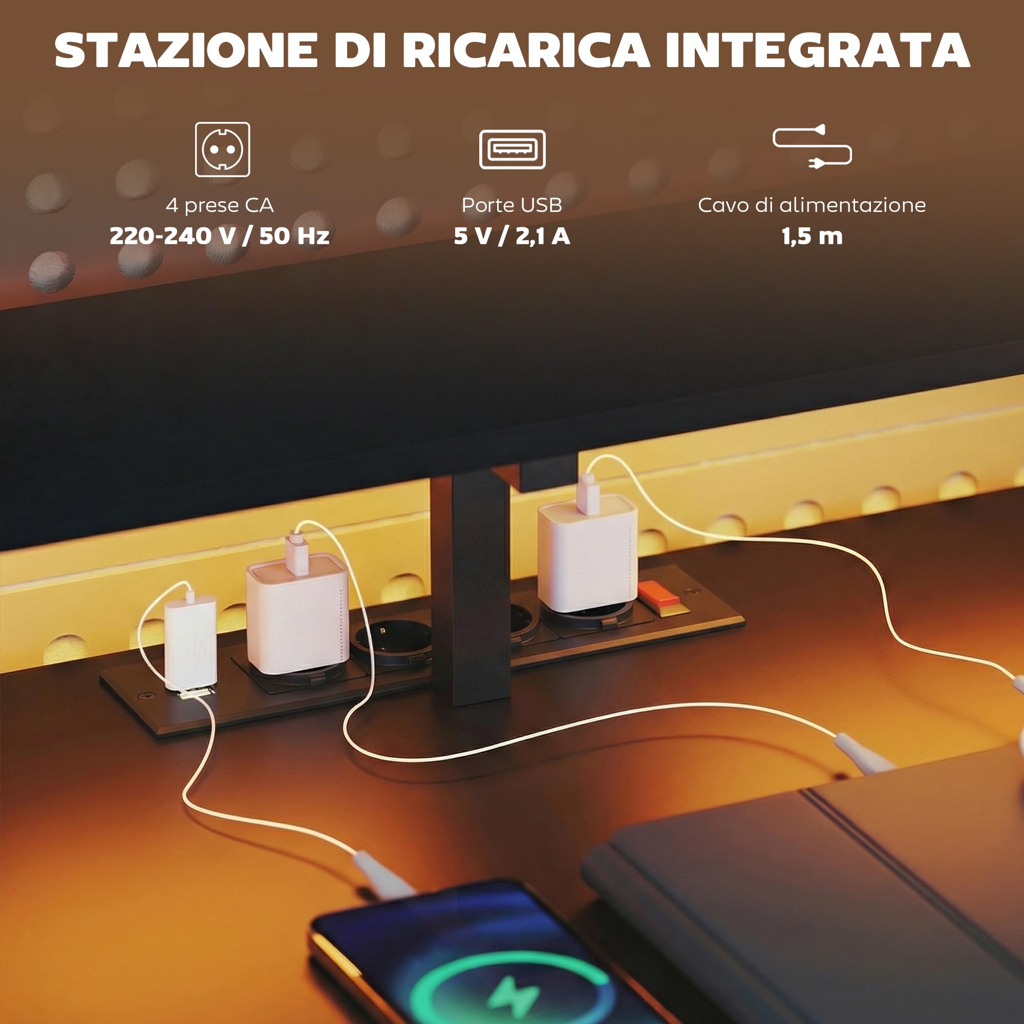 HOMCOM Scrivania Gaming Reversibile ad L con LED, 192.5cm Scrivania Angolare con Prese Elettriche, Supporto Monitor e CPU, 2 Cassetti in Tessuto per Documenti A4/Legale, per Casa Ufficio Studio, Nero