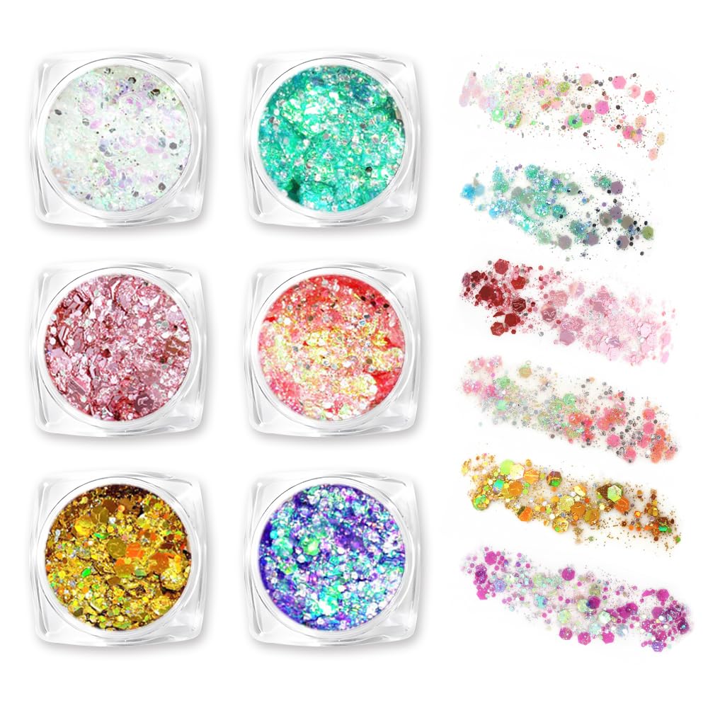 6 Pezzi Brillantini Corpo,Glitter Viso,Brillantini Trucco Bambina,Glitter Make Up,Brillantinis Occhi Polvere,Paillettes Viso,Trucco Glitterato per capelli,unghie,Cosmetici,Carnevale,Feste