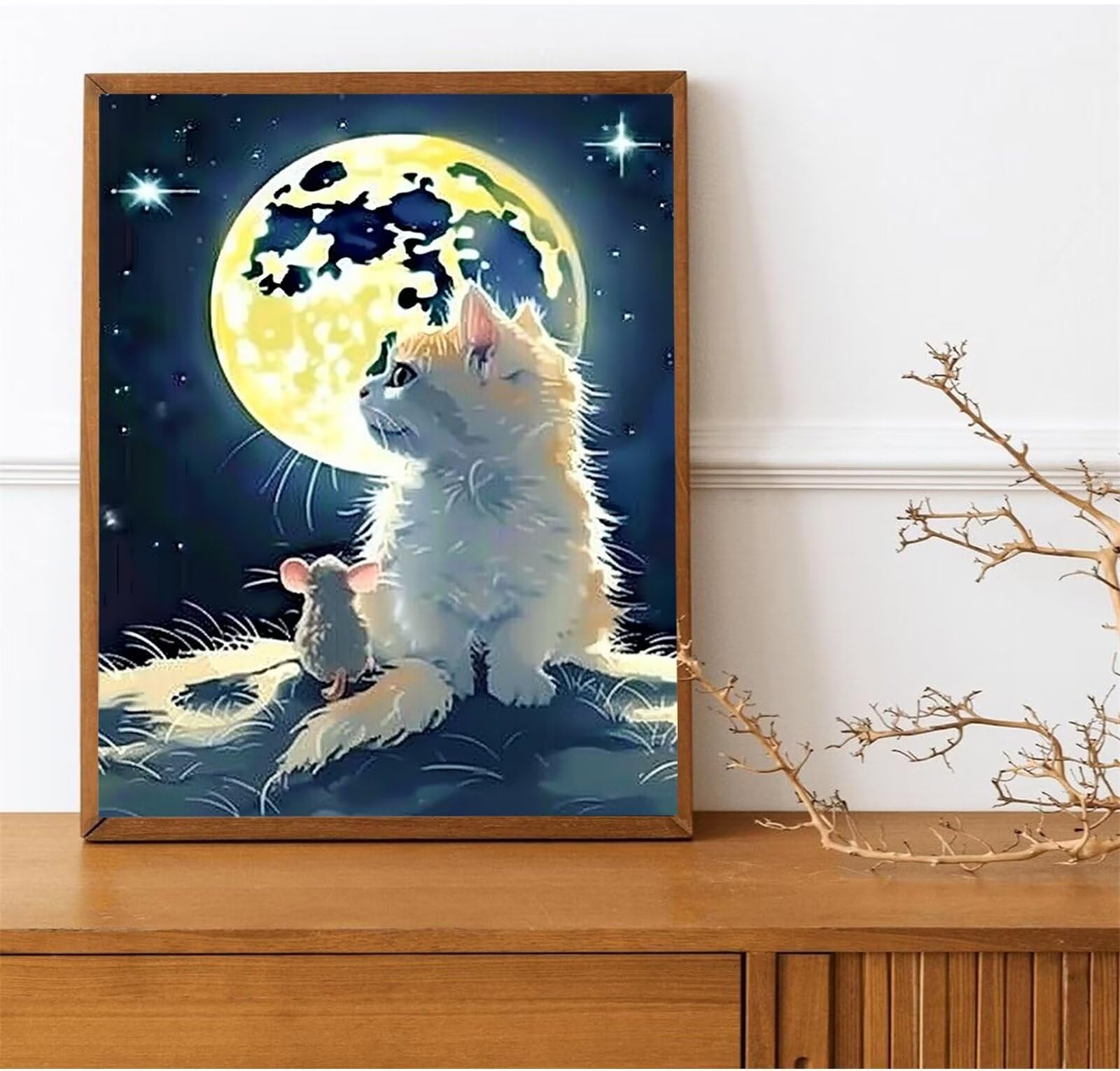 Peepezo Pintar por Numeros Adultos Niños, Gato DIY Pintura por Numeros Cuadros para Pintar por Numeros Luna 60x80cm Con Marco