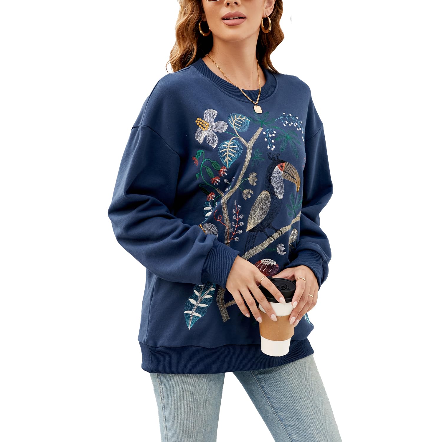 Mujeres Bordado Sudadera Manga Larga Invierno Cuello Redondo Suéter con Bordado Camisa de Manga Larga con Bordado Casual Top