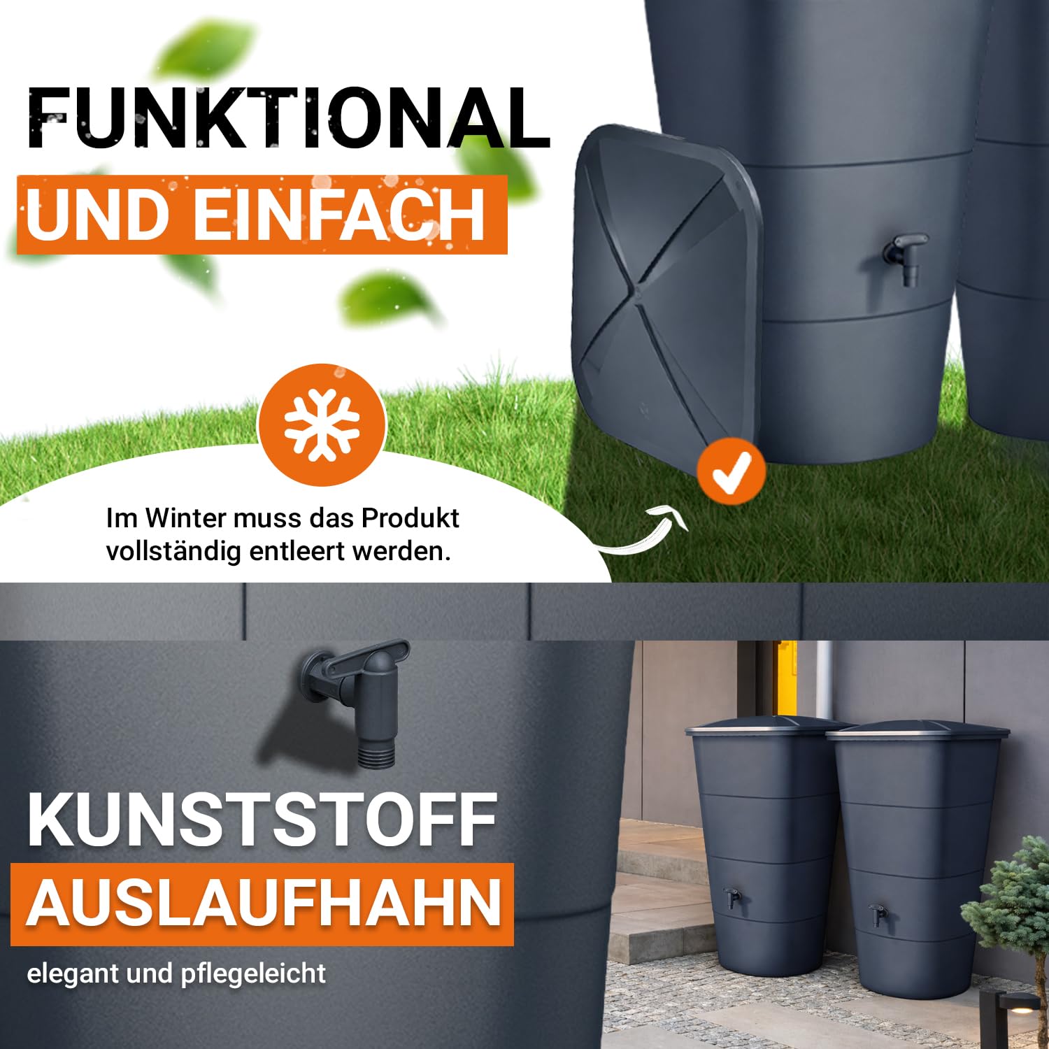 GARANTIA Ibiza Regentonnen-Set eckig 400 Liter Graphite Grey, 2 x Ibiza 200 Liter inkl. Verbinder - als graues Wasserfass für nachhaltige Gartenbewässerung - mit Deckel, Hahn und Matter Oberfläche