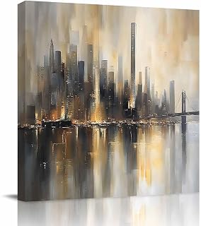 Modern Metropolis Canvas Wall Art for Living Room Abstract Modern City Wall Decor Painting Prints Framed Impressionist Oil Painting Style Wall Art for Bedroom Bathroom Office Home Decor 12" x 12"