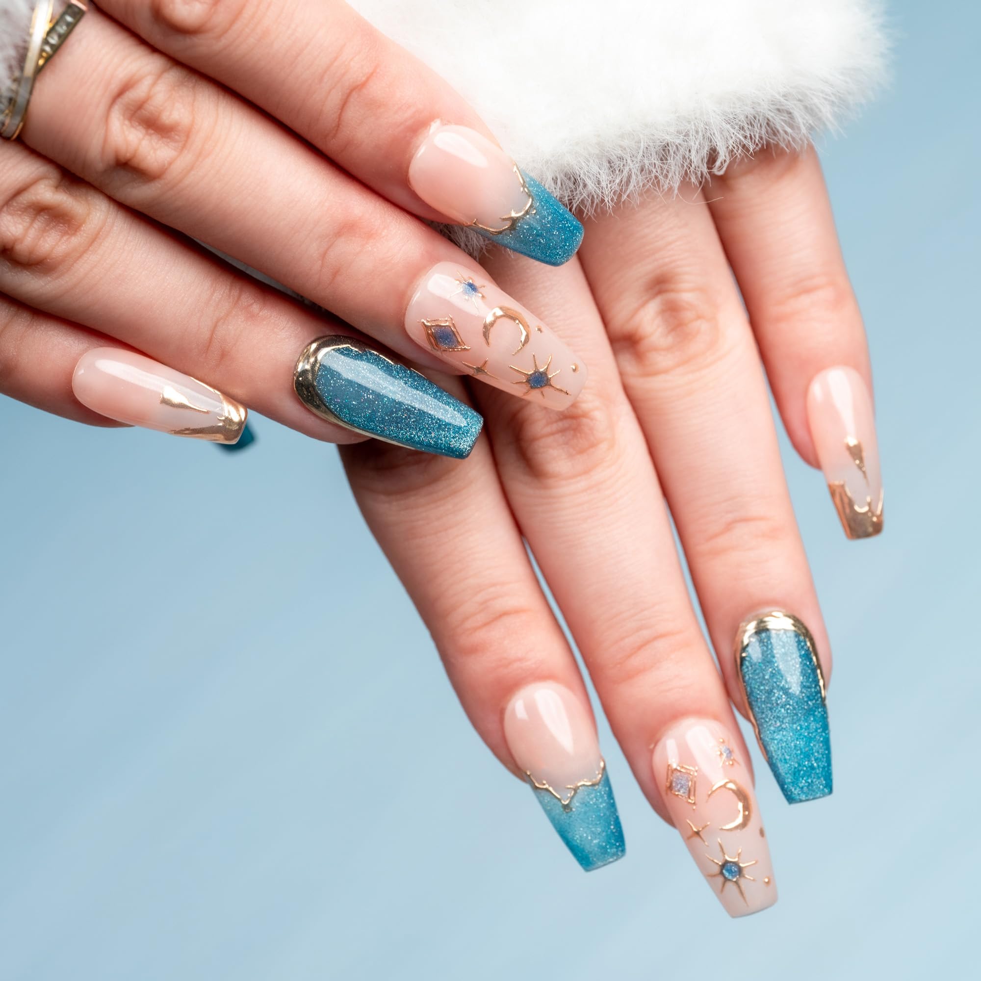 Sun&Beam Nails Handmade Press-On Medium Long Coffin Ballerina with Pink Blue Gold Color 3D Design Charm Cat Eye Cute False Nail Tips 10 Pcs (#82 XS) - Image 3