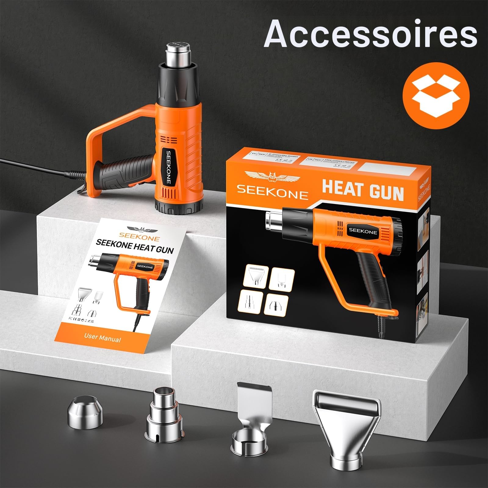 Décapeur Thermique, SEEKONE 2000W 400℃ & 600℃ Réglages Double Température Pistolet Thermique avec 4 Buses, Protection de Surcharge, Manche Antidérapant, Idéal pour Retrait Thermiquement
