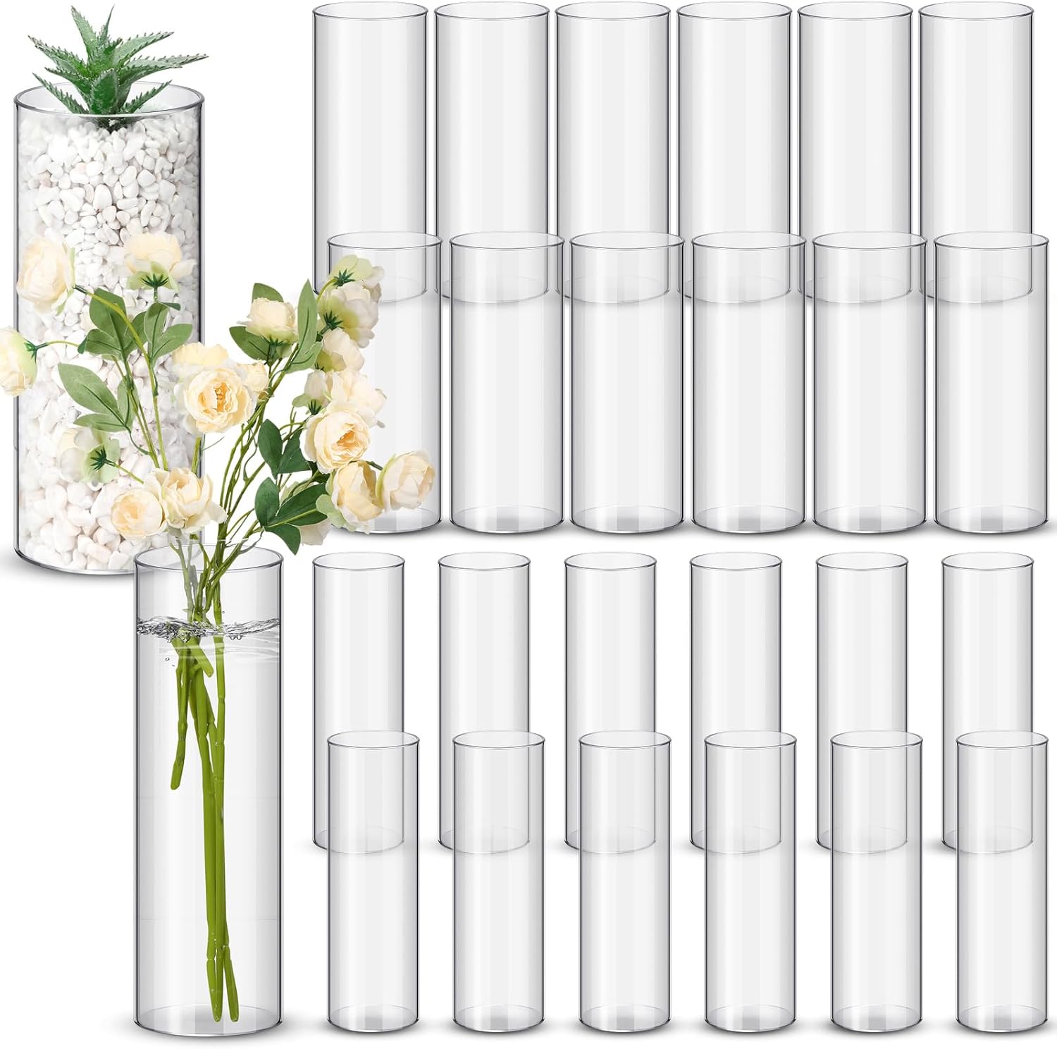 Nuogo 24 Pcs 10 Inch Acrylic Clear Cylinder Vase Plastic Flower Vase Unbreakable Tall for Wedding Centerpieces Party Home Plants Bouquet Decor